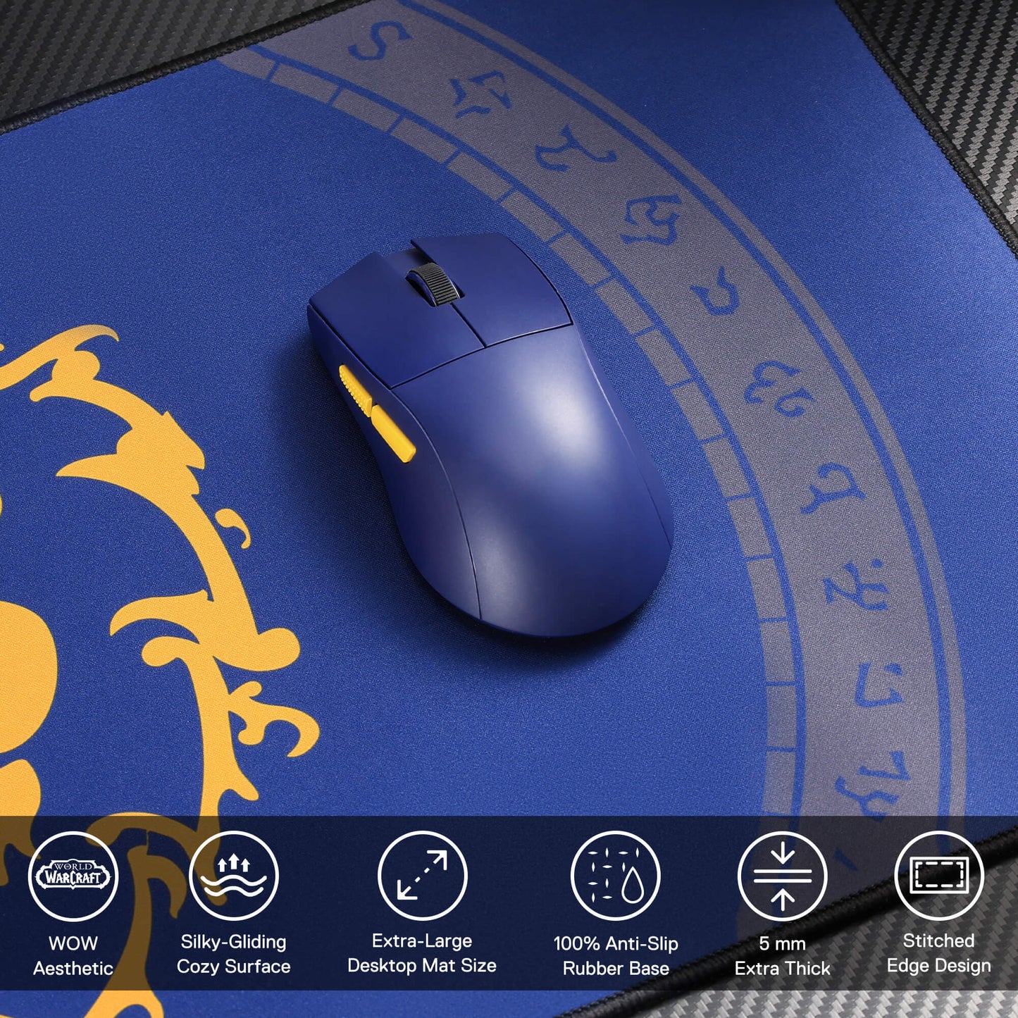 Blue mouse on a decorative blue mouse pad with text and graphics.