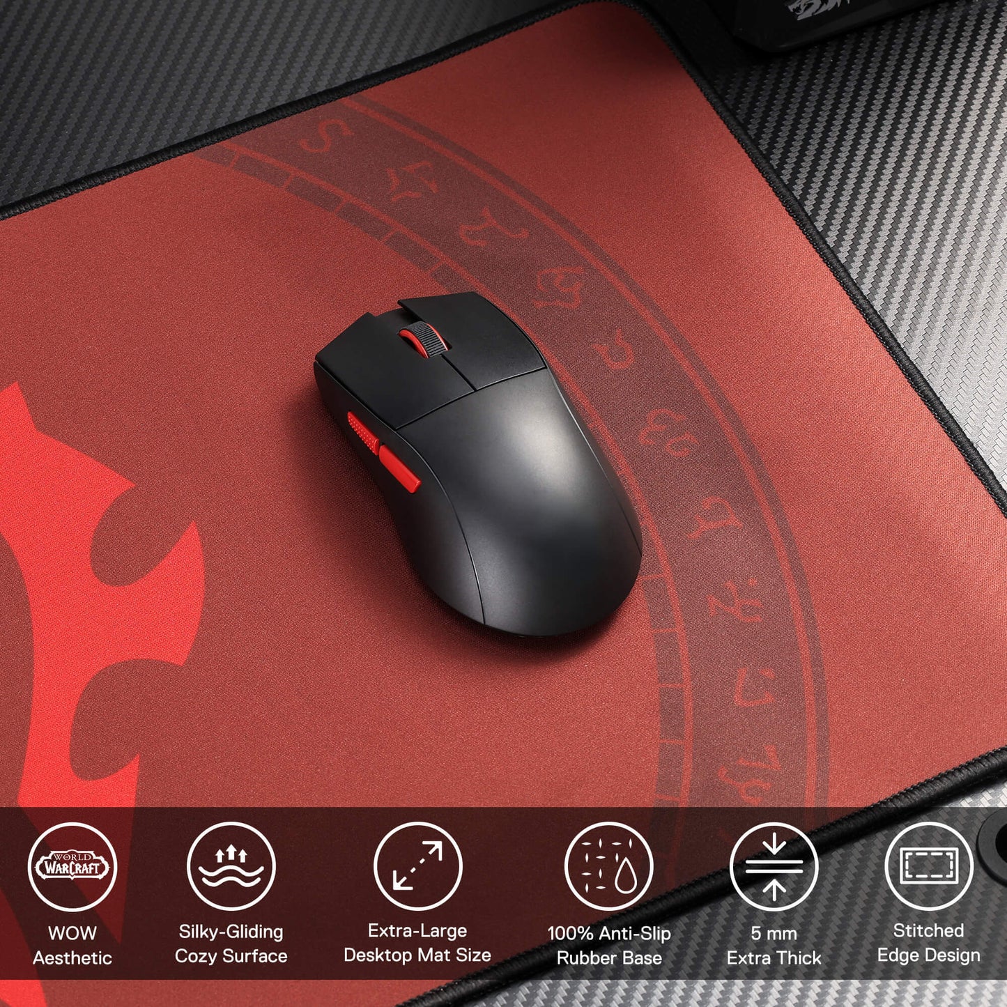 Black gaming mouse on a red and black mouse pad with product features displayed below.