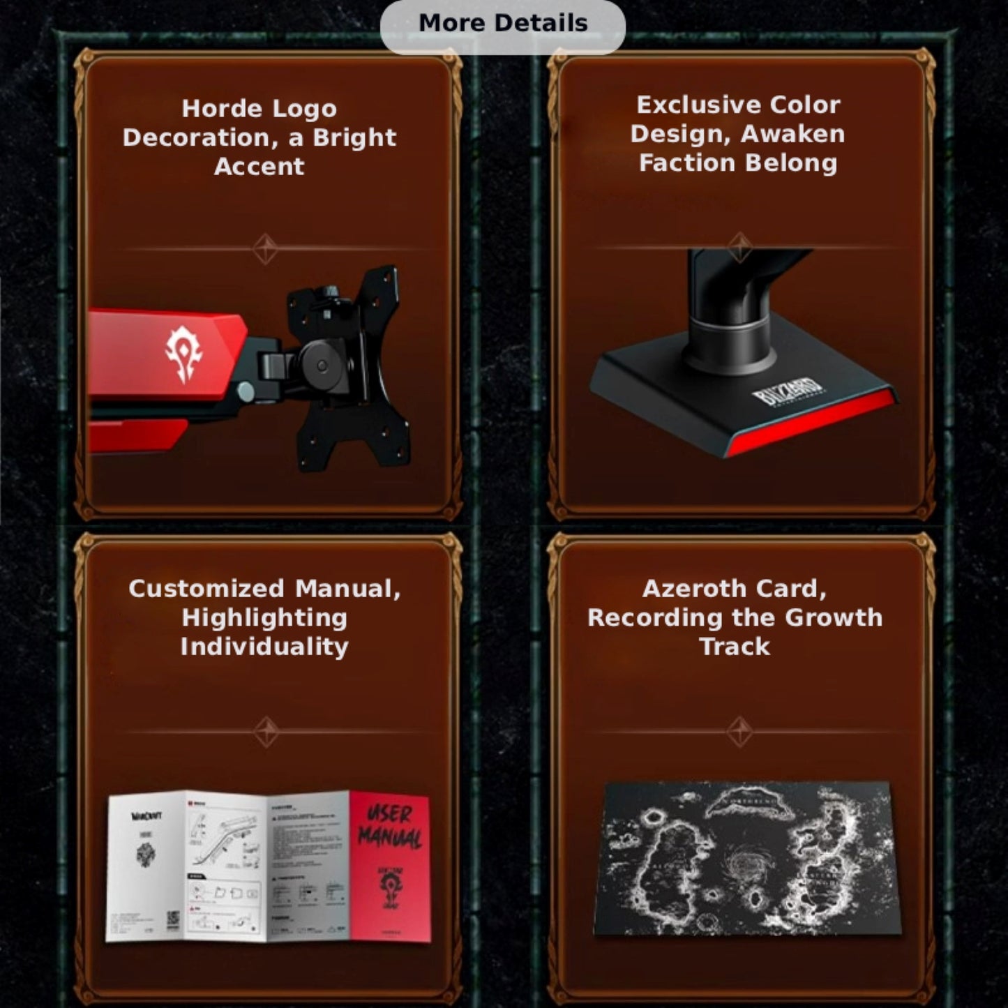 This WoW Horde monitor stand shines with themed details: it features the Horde logo, exclusive faction colors, a customized manual, and an Azeroth map card—blending functional monitor support with immersive WoW flair for fans.