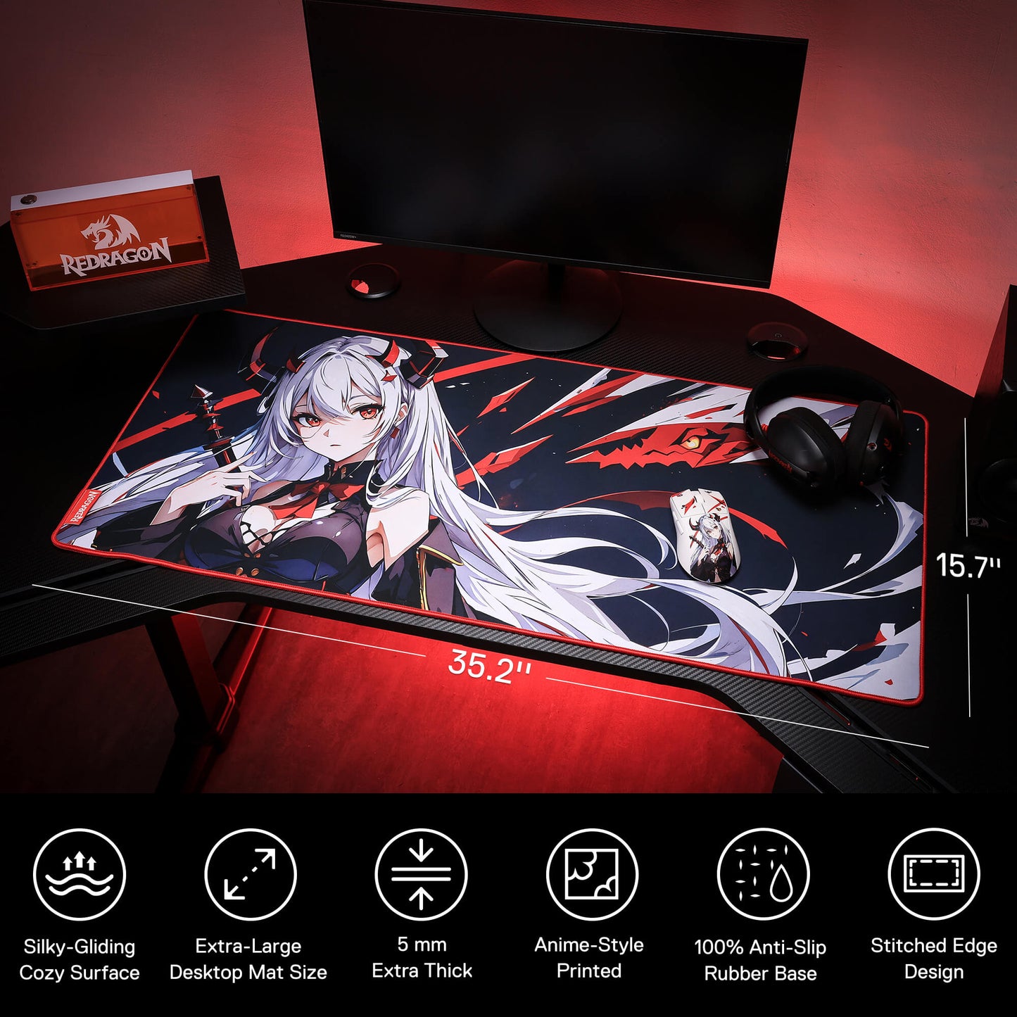 Redragon EISA P047 Anime Black Gaming Mouse Pad - Smooth Lycra Surface, Anti-Slip Rubber Base, Spill-Resistant, Durable 3mm Thick Design, Available in Small (13x10 in) & Large (35x16 in), Computer Mouse Mat, Extended Desk Pad, Perfect for Gaming & Work, Pairs with EISA K1NG M916 PRO Mouse
