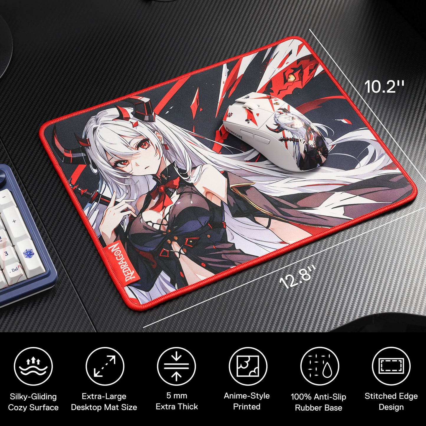 Redragon EISA P047 Anime Black Gaming Mouse Pad - Smooth Lycra Surface, Anti-Slip Rubber Base, Spill-Resistant, Durable 3mm Thick Design, Available in Small (13x10 in) & Large (35x16 in), Computer Mouse Mat, Extended Desk Pad, Perfect for Gaming & Work, Pairs with EISA K1NG M916 PRO Mouse