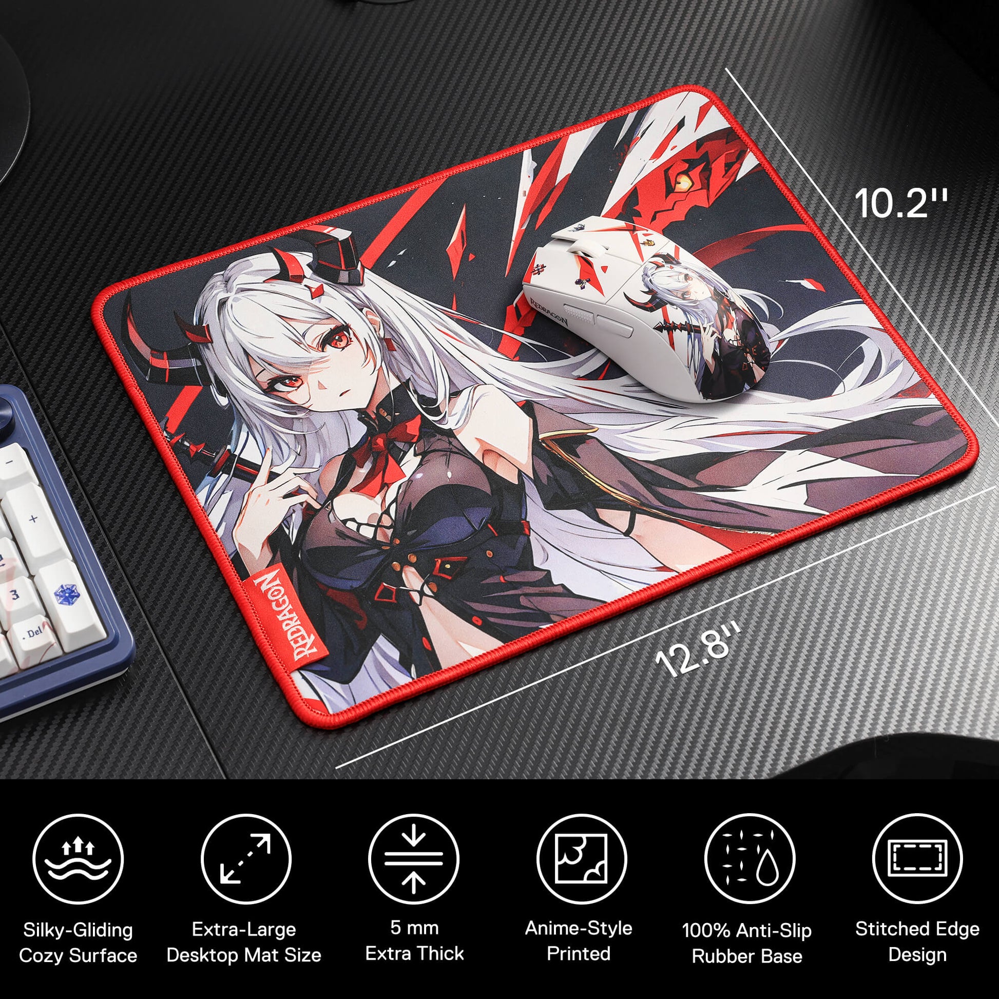 Redragon EISA P047 Anime Black Gaming Mouse Pad - Smooth Lycra Surface, Anti-Slip Rubber Base, Spill-Resistant, Durable 3mm Thick Design, Available in Small (13x10 in) & Large (35x16 in), Computer Mouse Mat, Extended Desk Pad,  Perfect for Gaming & Work, Pairs with EISA K1NG M916 PRO Mouse