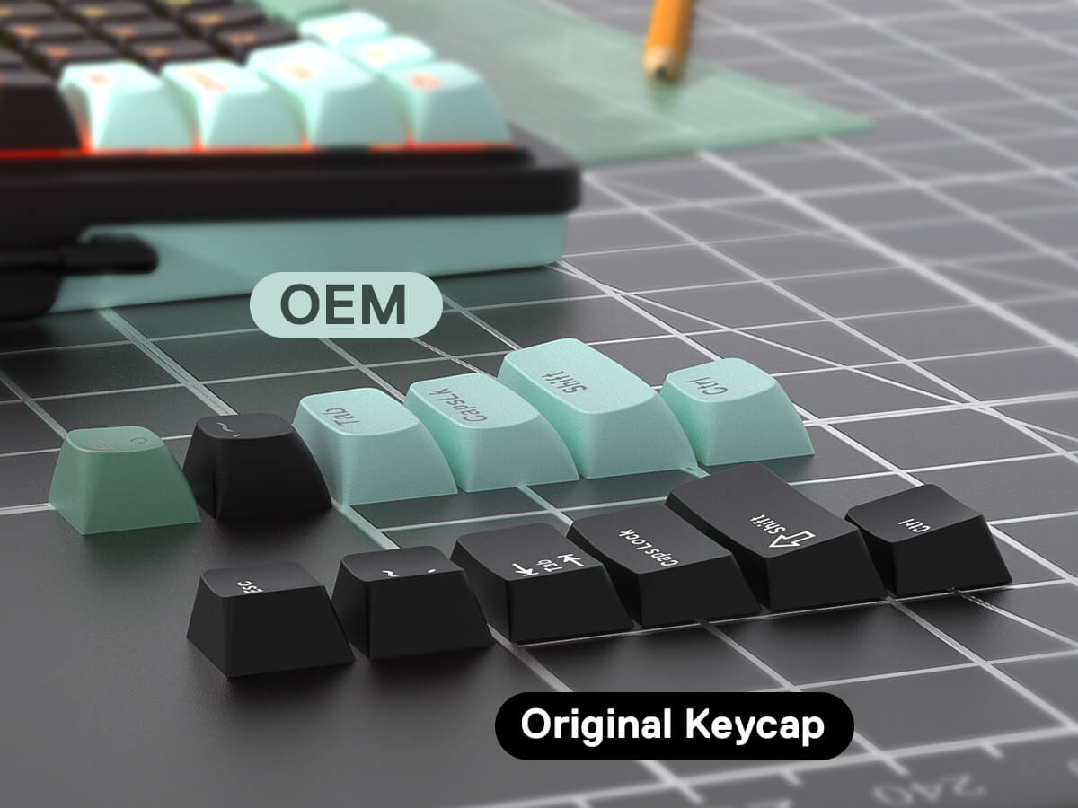 Comparison of OEM and original keycaps on a keyboard with a grid background.