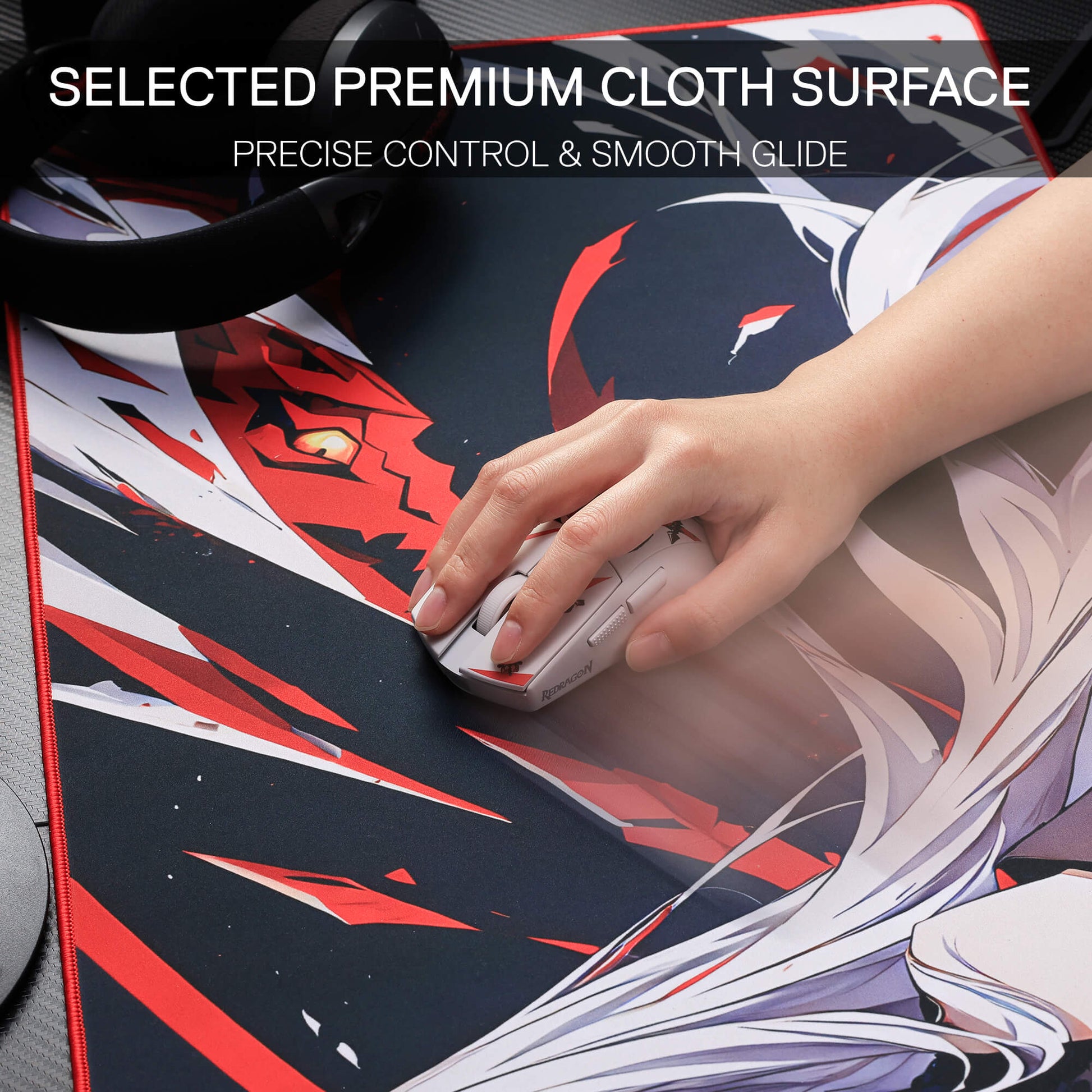 Redragon EISA P047 Anime Black Gaming Mouse Pad - Smooth Lycra Surface, Anti-Slip Rubber Base, Spill-Resistant, Durable 3mm Thick Design, Available in Small (13x10 in) & Large (35x16 in), Computer Mouse Mat, Extended Desk Pad,  Perfect for Gaming & Work, Pairs with EISA K1NG M916 PRO Mouse