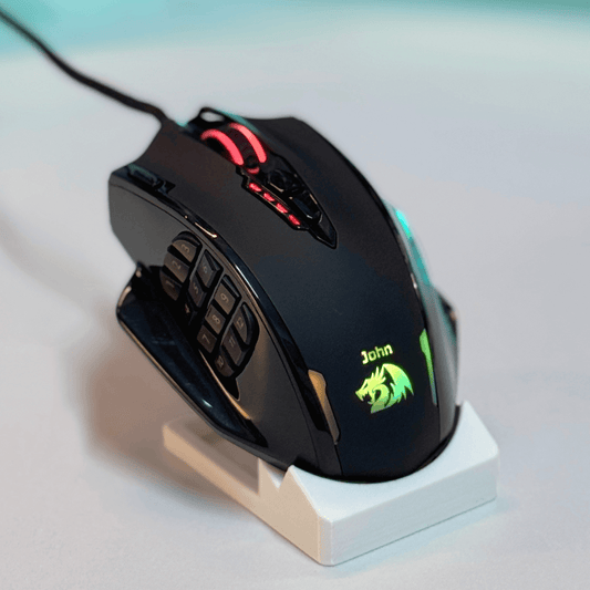 Black gaming mouse with RGB lighting on a white stand against a gradient background