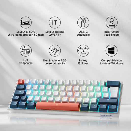 Tastiera da gioco Redragon K617 Fizz 60% con cavo e illuminazione RGB, layout QWERTY italiano