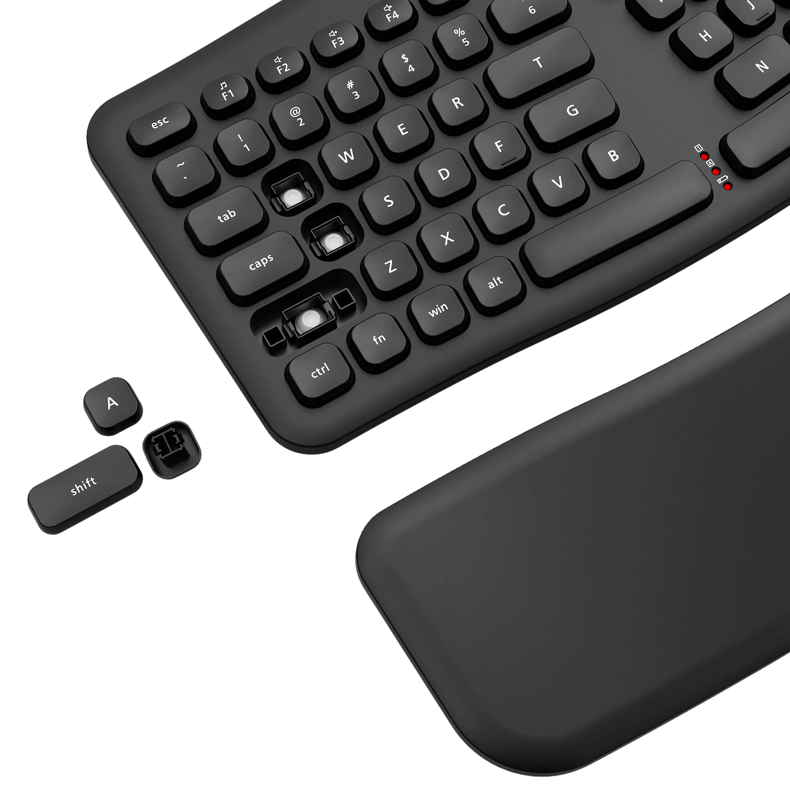 Black keyboard with key components on a black background