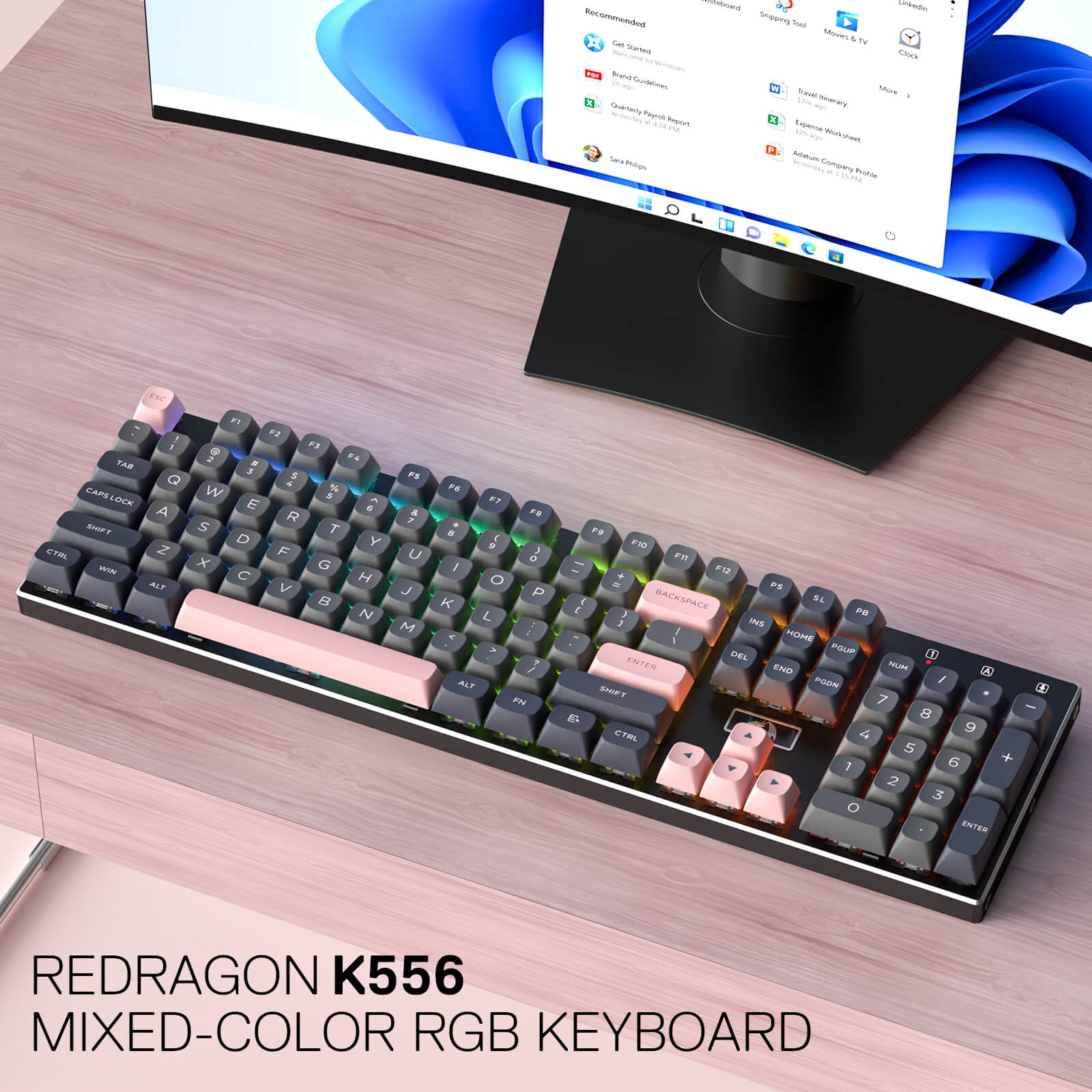 Redragon K556 SE Wired Gaming Keyboard, 104 Keys Hot-Swap Mechanical Keyboard w/Original Aluminum Base, Upgraded Socket, Noise Dampening Kit, PBT Keycaps & Custom Linear Switch, Dawn Sakura Color