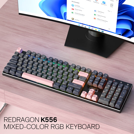 Redragon K556 SE Wired Gaming Keyboard, 104 Keys Hot-Swap Mechanical Keyboard w/Original Aluminum Base, Upgraded Socket, Noise Dampening Kit, PBT Keycaps & Custom Linear Switch, Dawn Sakura Color