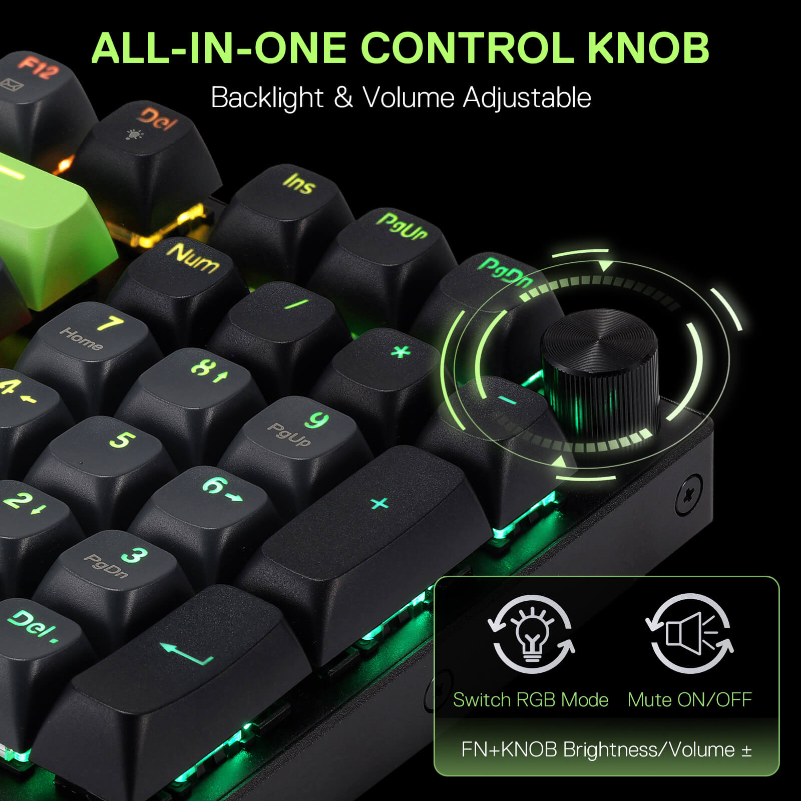 Mechanical keyboard with an all-in-one control knob for backlight and volume adjustment.