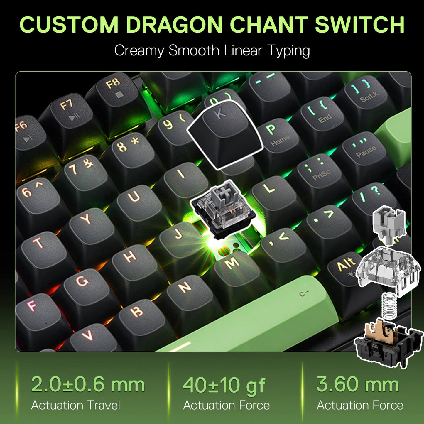 Redragon K740 Keyboard with a focus on custom dragon chant switch, highlighting features like actuation travel and force.