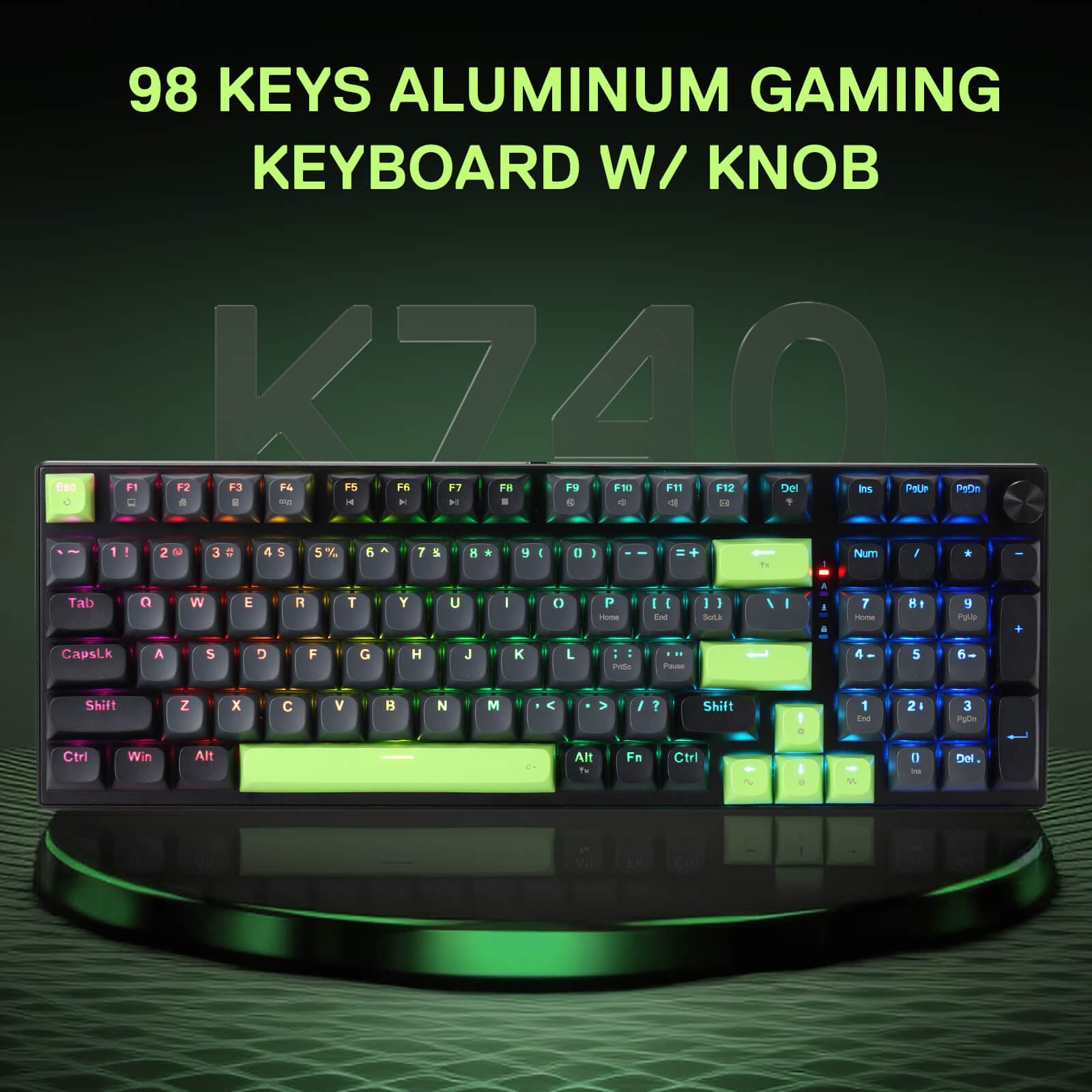 Redragon K740 98 keys aluminum gaming keyboard with knob on a dark background