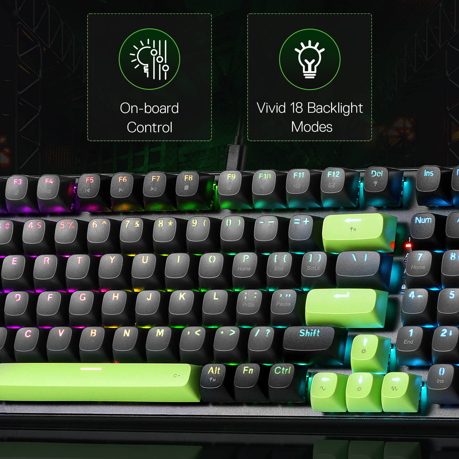 Redragon K740 Mechanical keyboard with colorful backlighting and text indicating on-board control and vivid 18 backlighting modes.
