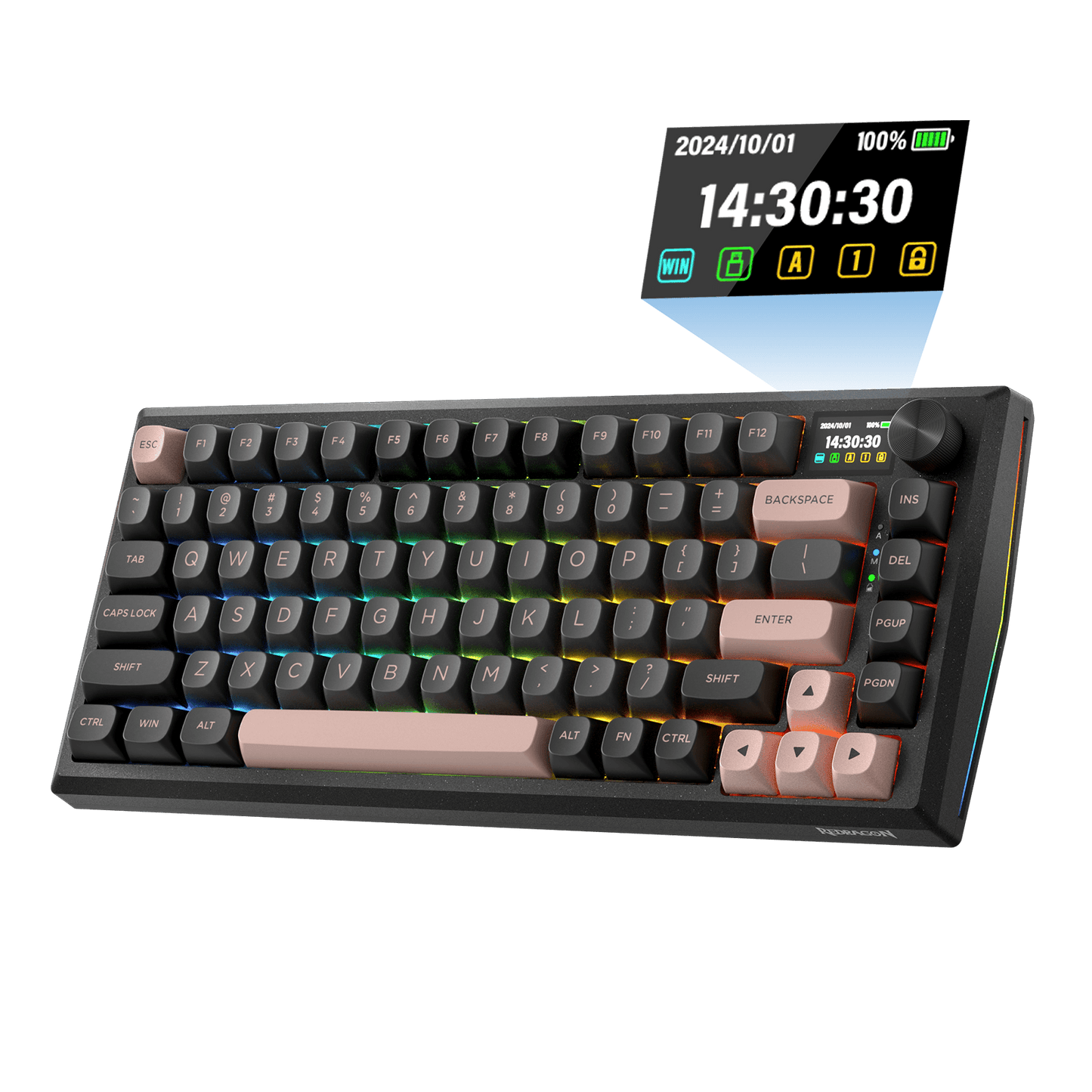Redragon K720 Wireless CNC Gasket Gaming Keyboard w/Hype Screen & Knob, 81 Keys Mechanical Keyboard, Smart 1.14’’ TFT Info Display, 5-Layer Noise Dampening, Custom Linear Switch, Dawn Sakura Color