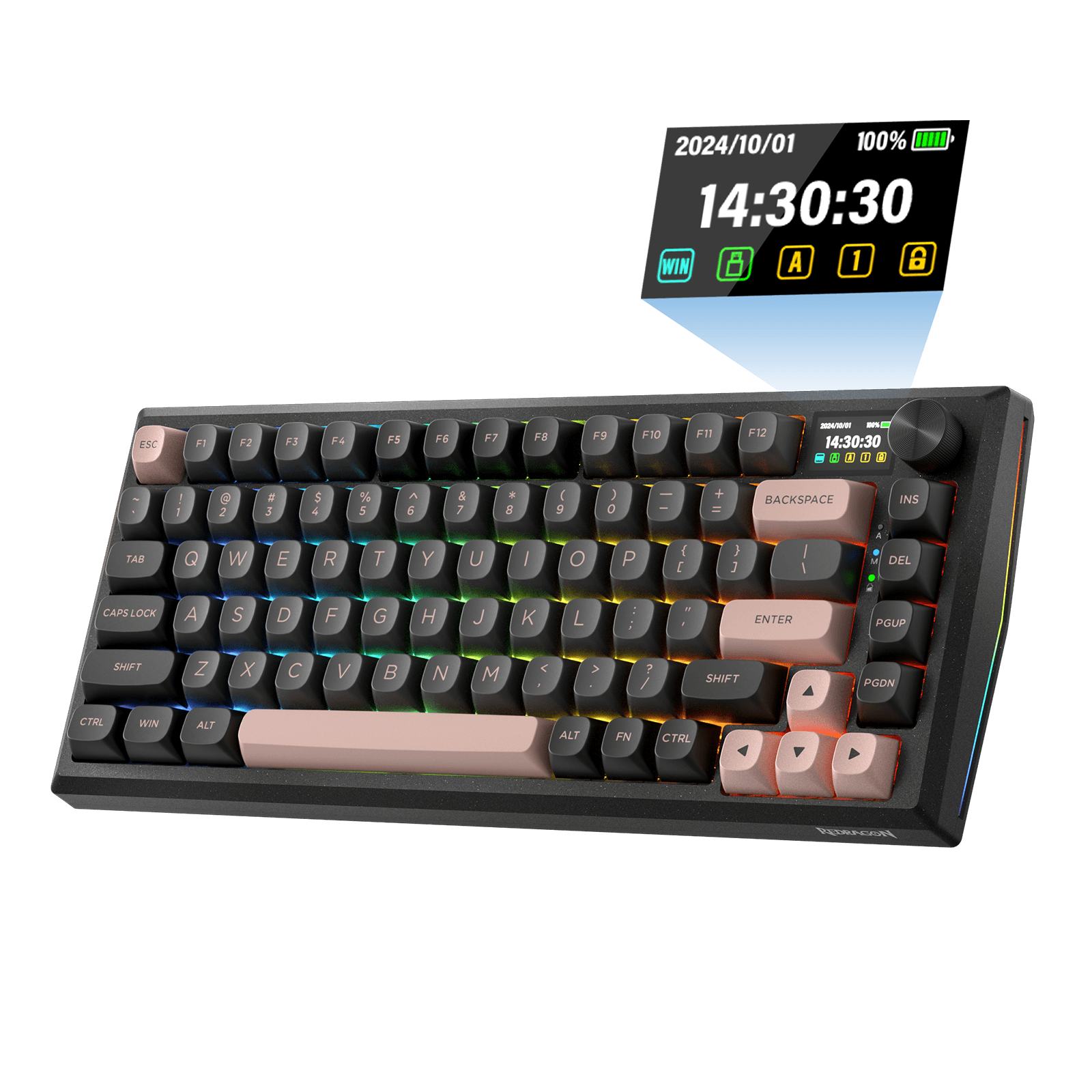 Redragon K720 Wireless CNC Gasket Gaming Keyboard w/Hype Screen & Knob, 81 Keys Mechanical Keyboard, Smart 1.14’’ TFT Info Display, 5-Layer Noise Dampening, Custom Linear Switch, Dawn Sakura Color