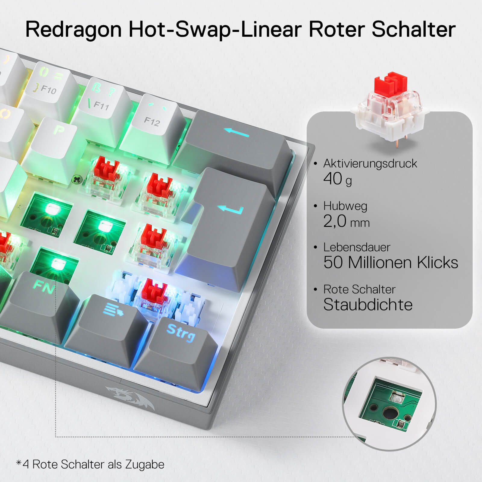 Redragon K617 Fizz 60% Deutsches QWERTZ-Layout Gaming-Tastatur, RGB Verkabelte Gaming Tastatur, 62 Tasten, Hot Swap Rote Schalter, Programmierbare Tasten, Abnehmbares USB Type C Kabel - Grau & Weiß