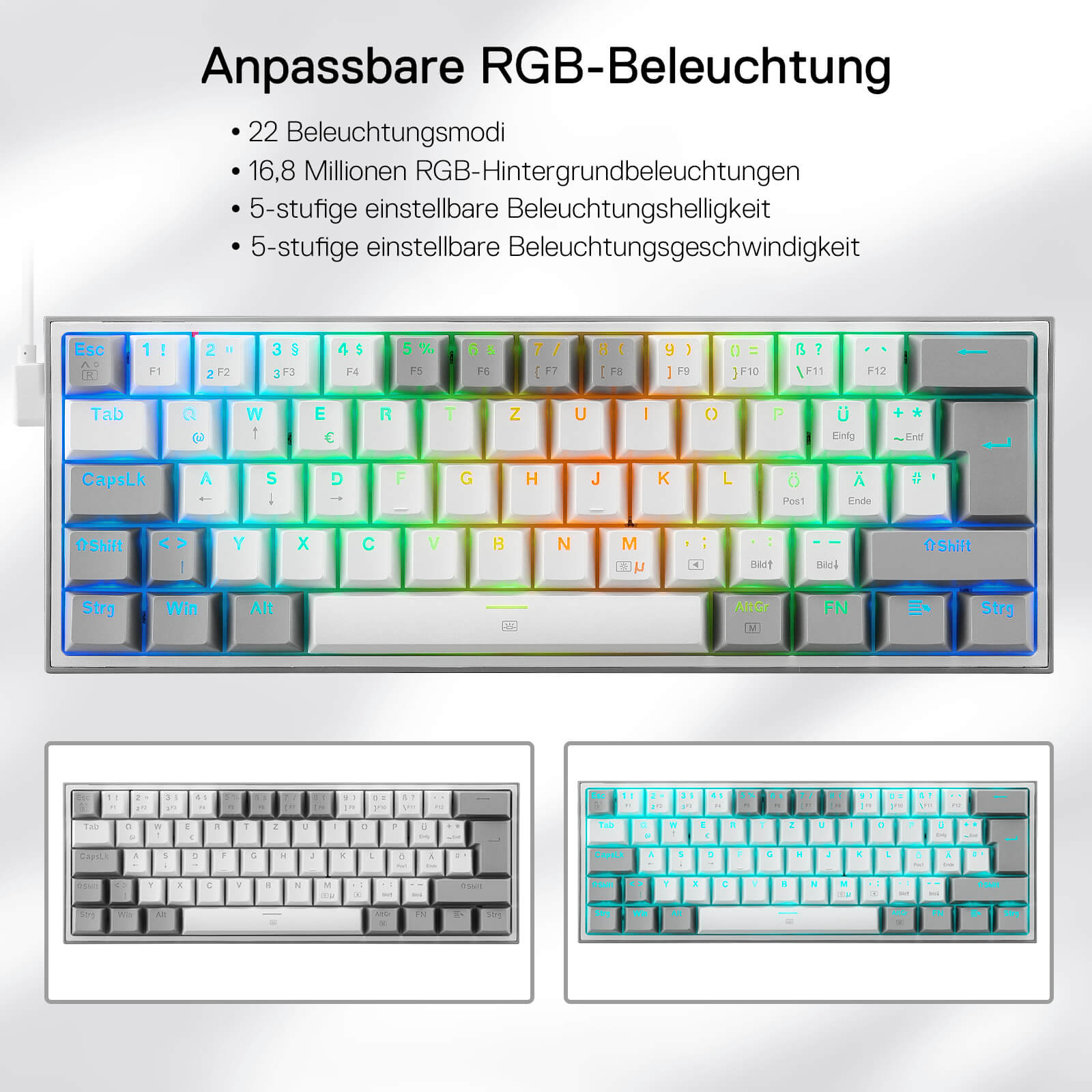 Redragon K617 Fizz 60% Deutsches QWERTZ-Layout Gaming-Tastatur, RGB Verkabelte Gaming Tastatur, 62 Tasten, Hot Swap Rote Schalter, Programmierbare Tasten, Abnehmbares USB Type C Kabel - Grau & Weiß