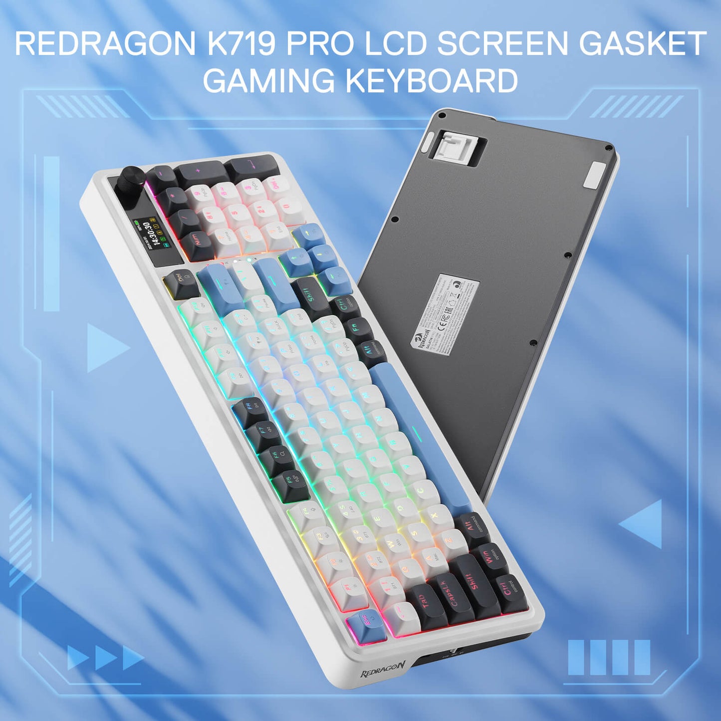 Redragon K719 Wireless Gasket Gaming Keyboard w/Hype Screen & Knob, 95 Keys Mechanical Keyboard, Easy-Control 1.14’’ TFT Info Display, 5-Layer Noise Dampener, Round PBT Keycaps, Mint Mambo Switch