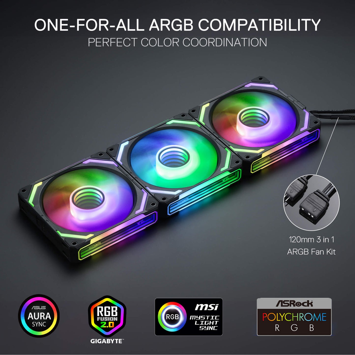 Redragon GCF012 Reverse 120mm PC Case Fan, Daisy-Chain Connection, 5V 3Pin ARGB Lighting, 4 Pin PWM Case Fan, for Radiator/Computer Case Cooling, 120x120x25mm, 3 Pack, Black