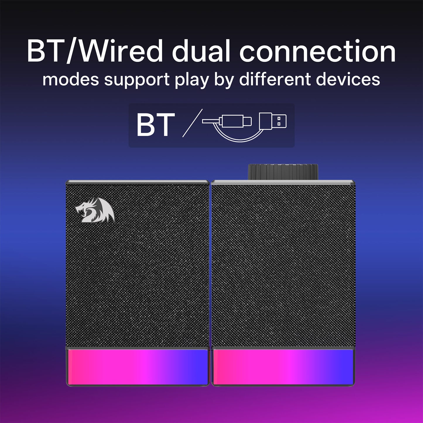 Black electronic device with RGB lighting on a gradient blue and purple background, featuring text about Bluetooth and wired connections.