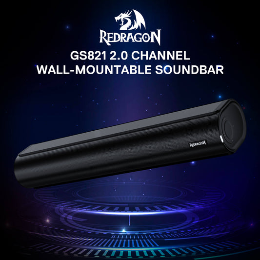 Redragon GS821 2.0 channel wall-mountable soundbar on a dark background with star-like dots.