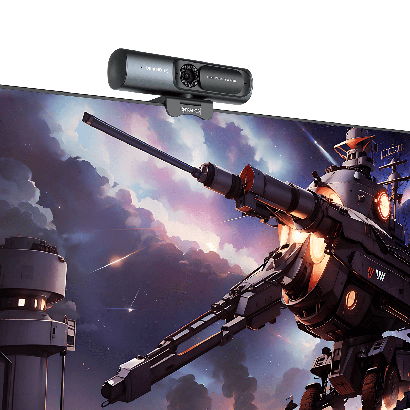 Redragon GW911 4K Webcam for PC, Webcam on a futuristic weapon with a space-themed background