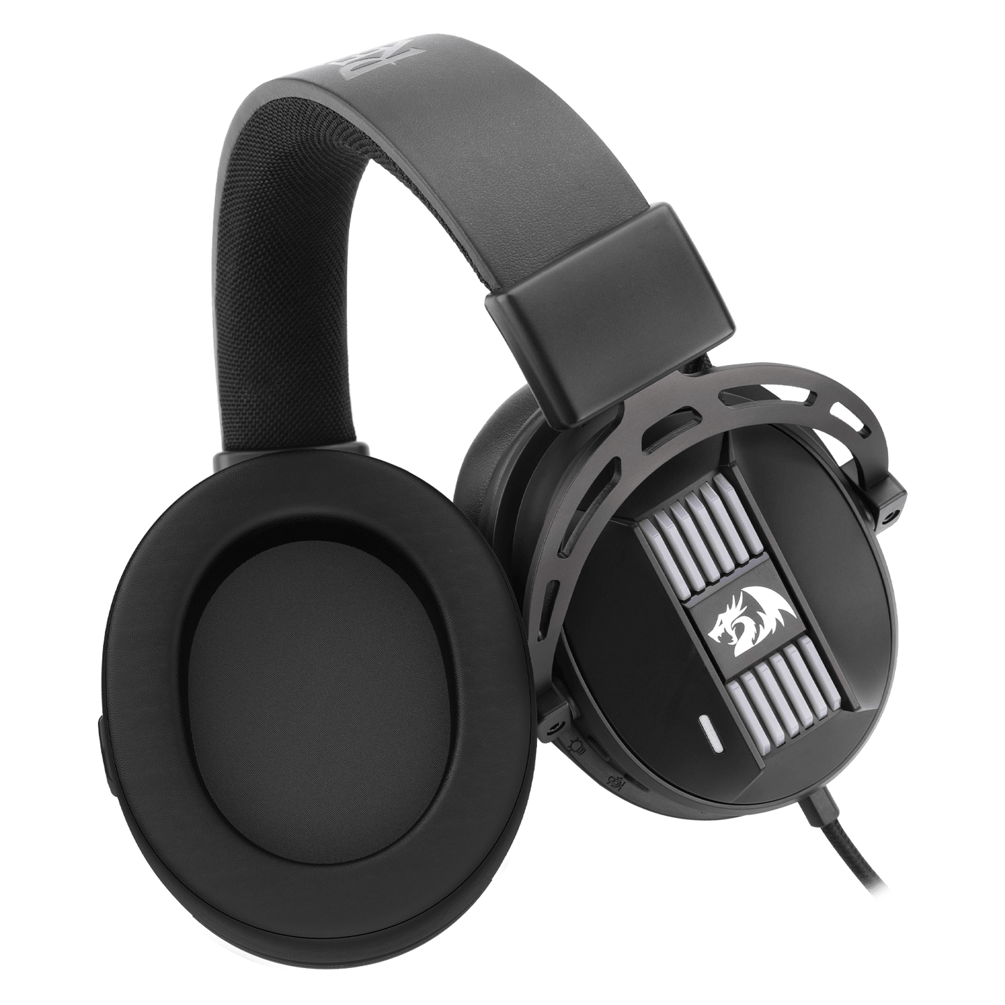 Black gaming headset with a Redragon logo on a transparent background