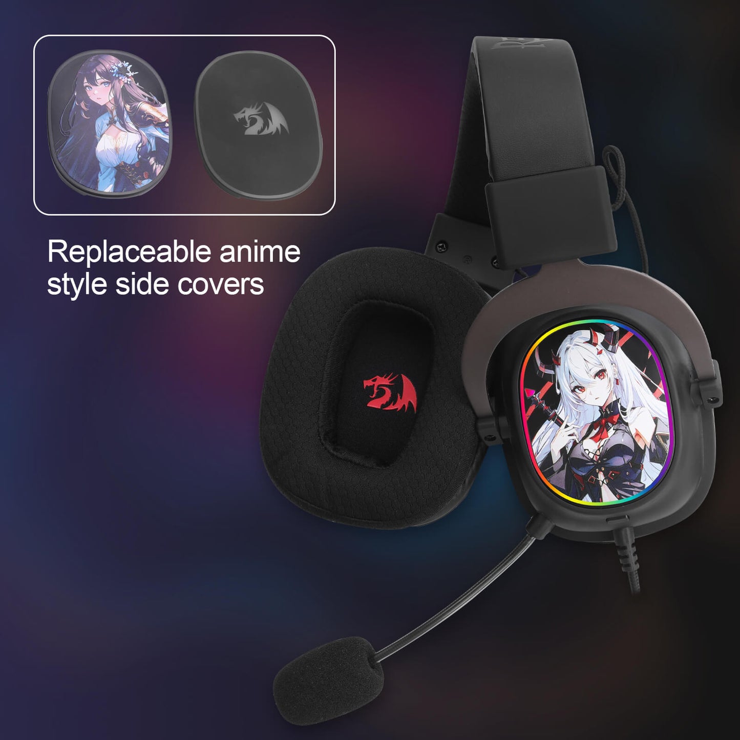 Redragon Headphones with anime-style side covers on a dark background