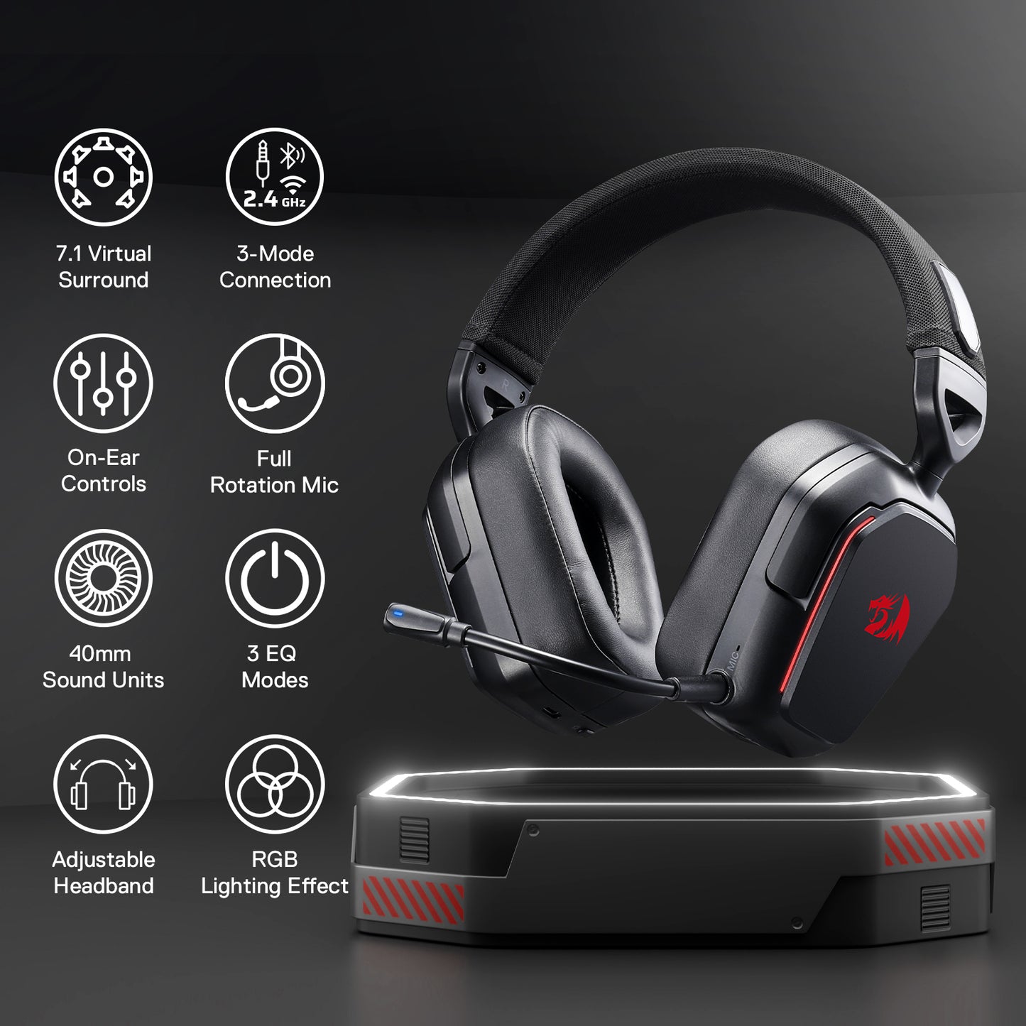 Redragon H868 3-Mode Wireless RGB Gaming Headset, 7.1 Surround Sound, 40 mm Drivers, Leather Foam Ear Pads, Noise-canceling Microphone, Over-Ear Headphones Works for Mobile, PC/PS5/XBOX/NS