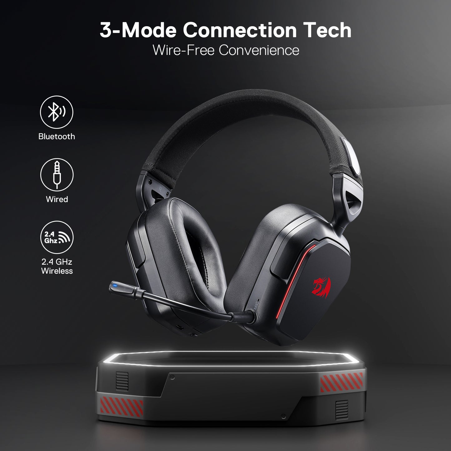 Redragon H868 3-Mode Wireless RGB Gaming Headset, 7.1 Surround Sound, 40 mm Drivers, Leather Foam Ear Pads, Noise-canceling Microphone, Over-Ear Headphones Works for Mobile, PC/PS5/XBOX/NS