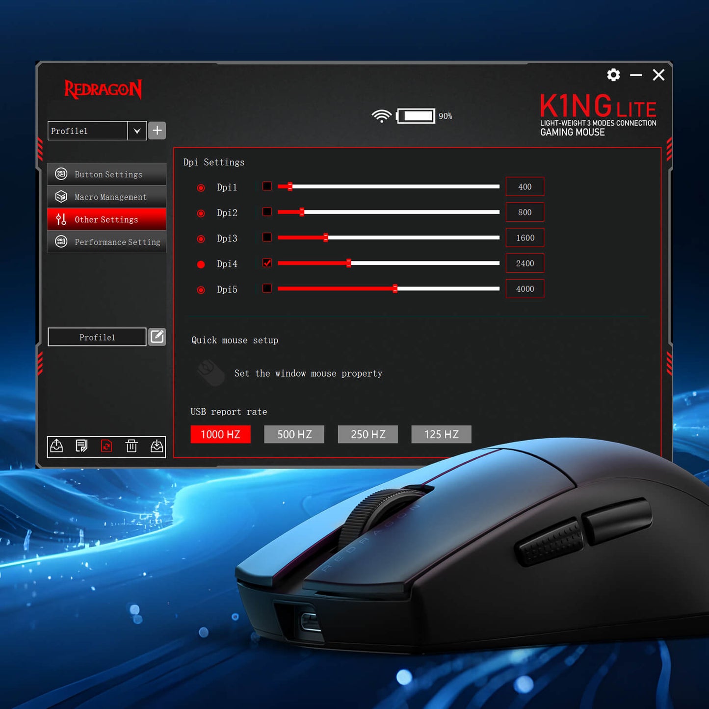 Redragon M916 LIT Wireless 1K Polling Rate Gaming Mouse, 49G Ultra-Light 30,000 Max DPI Gaming Mice w/Ergonomic Natural Grip Build, Full Programmable Buttons, Software Supports DIY Keybinds & DPI