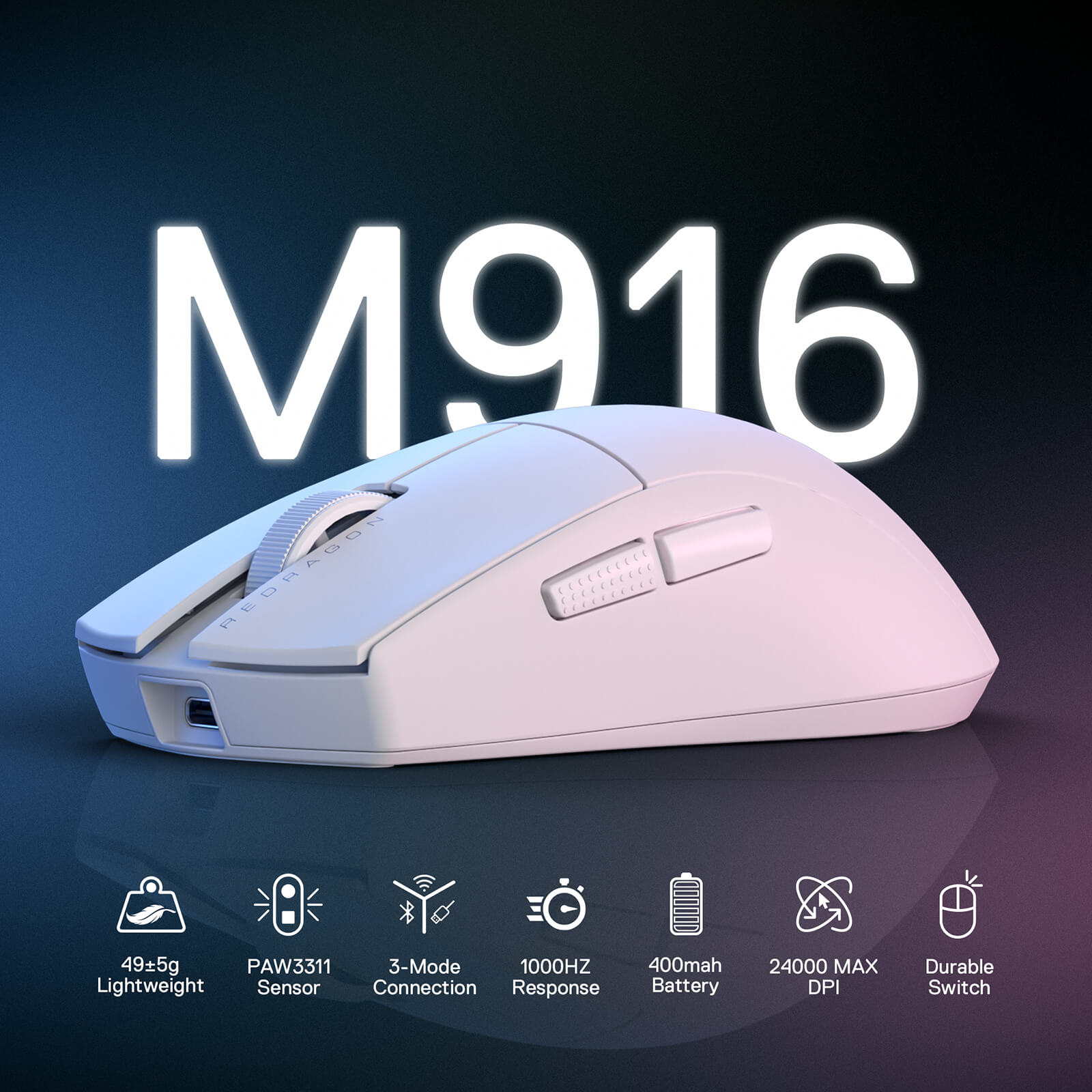 Redragon M916 STD 3-Mode Wireless Gaming Mouse, 49G Ultra-Light 24K DPI Mice w/Ergonomic Natural Grip Build, Full Programmable Buttons, Software Supports DIY Keybinds & DPI