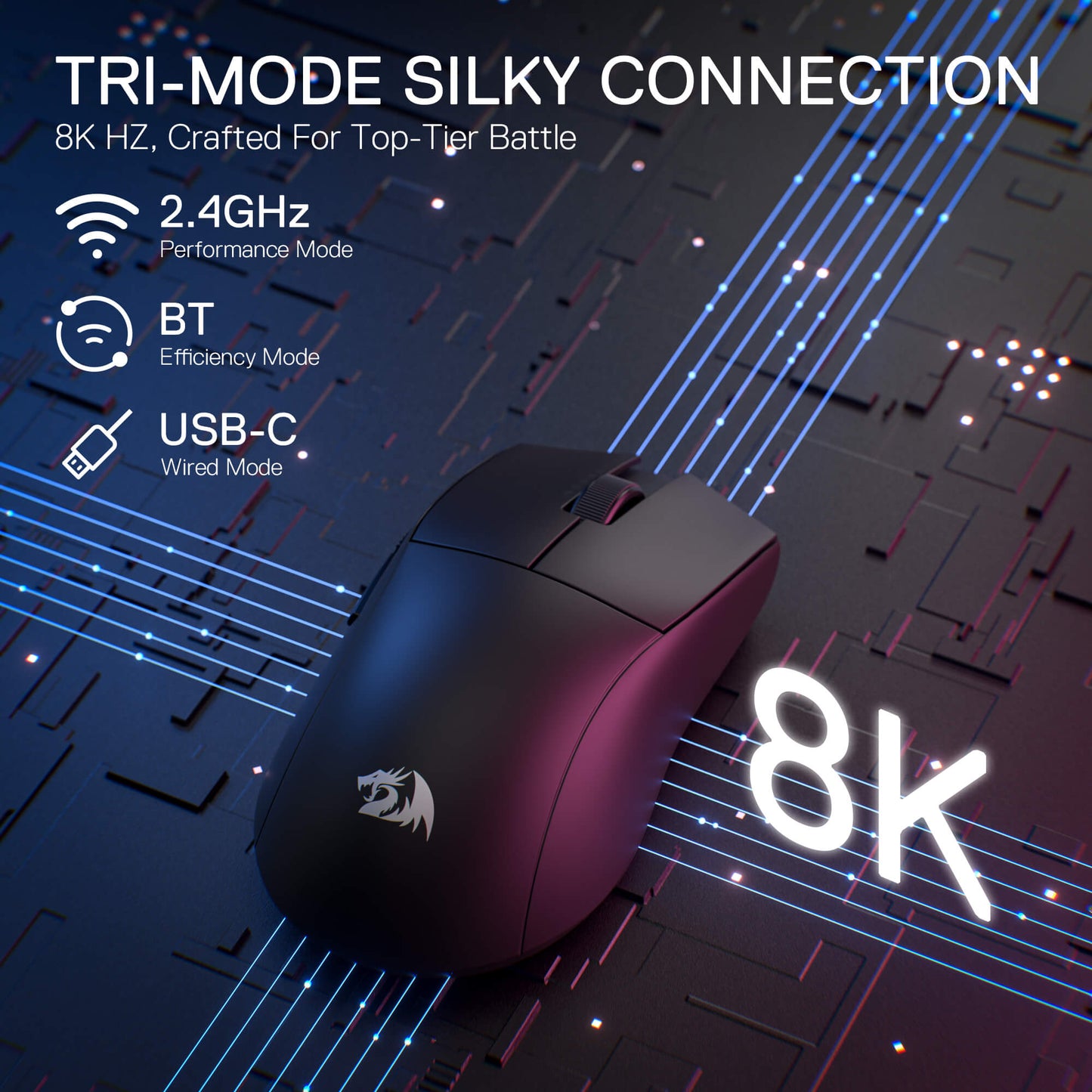 Redragon M916 ULT Wireless 8K Polling Rate Gaming Mouse, 49G Ultra-Light 30,000 Max DPI Gaming Mice w/Ergonomic Natural Grip Build, Full Programmable Buttons, Software Supports DIY Keybinds & DPI