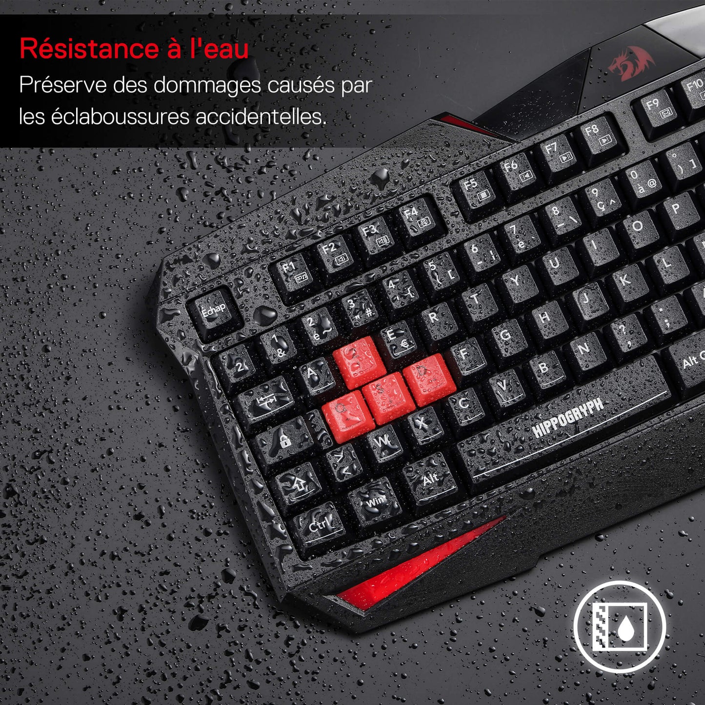 Gaming keyboard with water resistance feature on a wet surface
