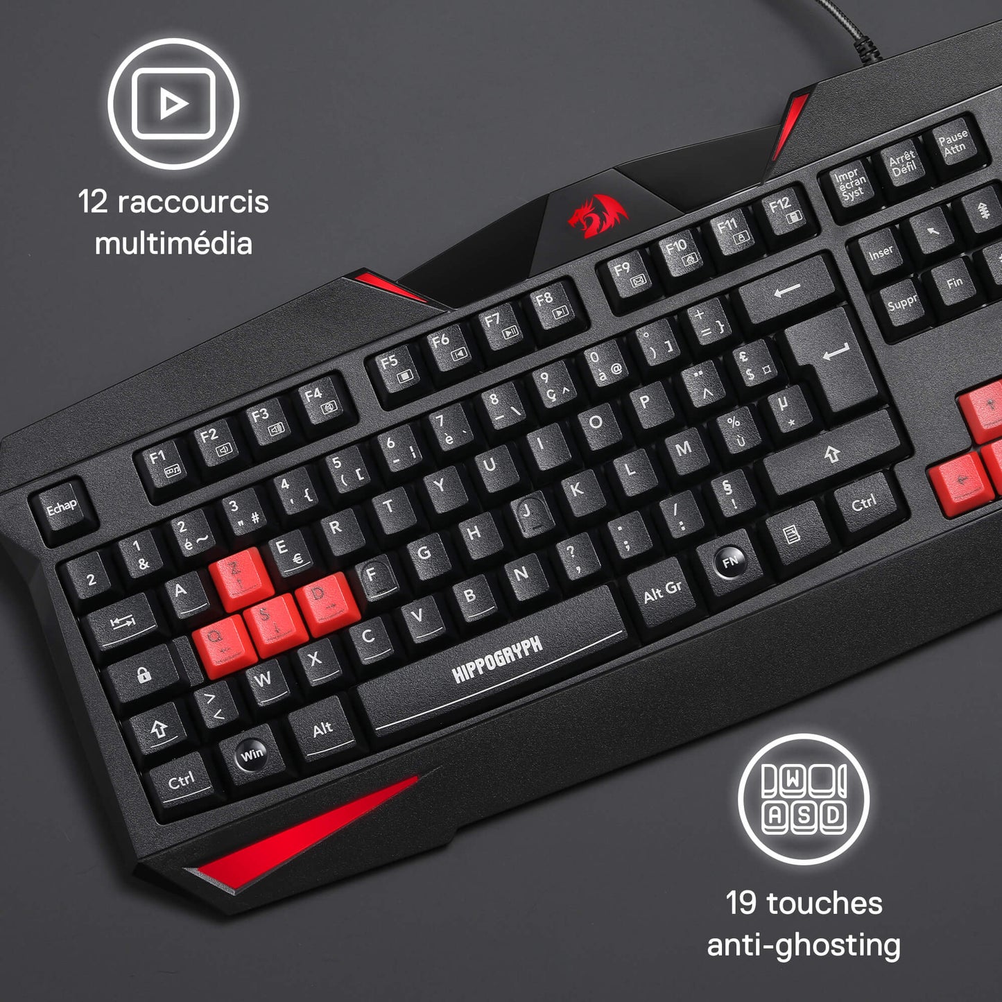 Gaming keyboard with red keys on a dark background