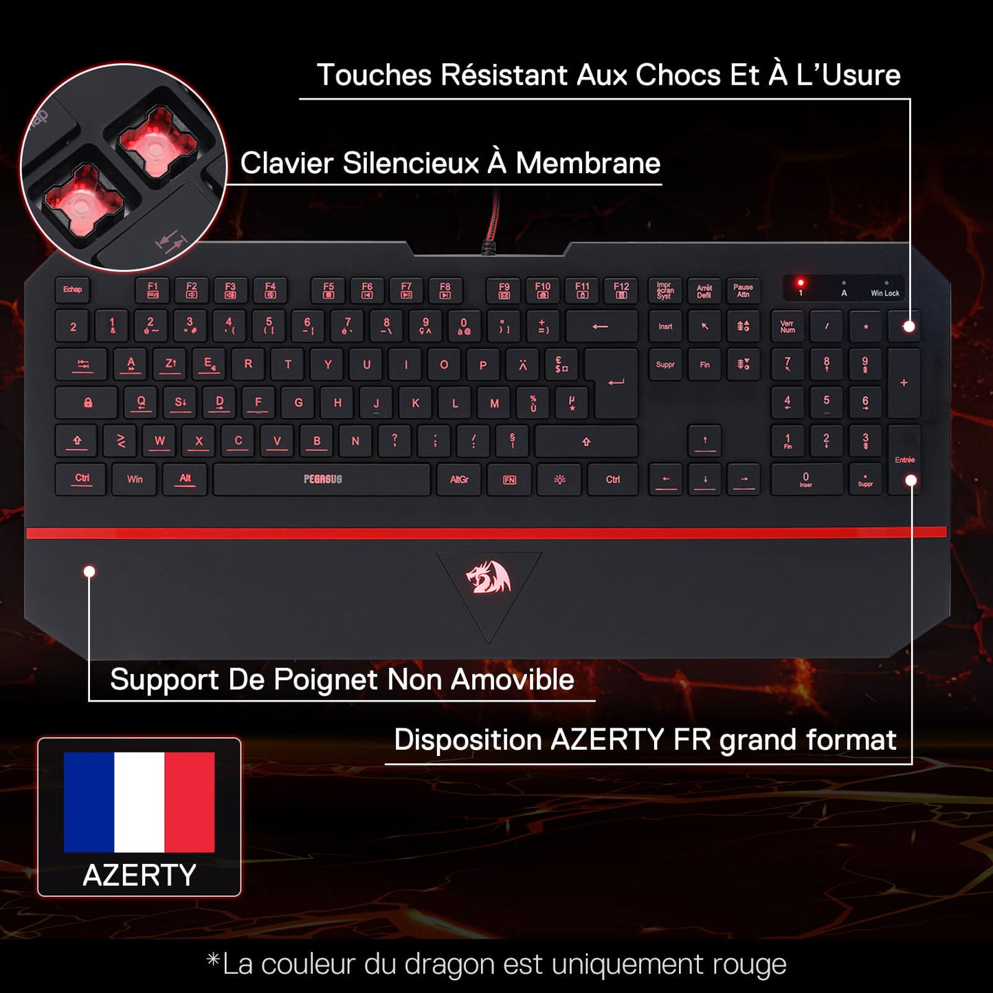 Gaming keyboard with features highlighted on a dark background