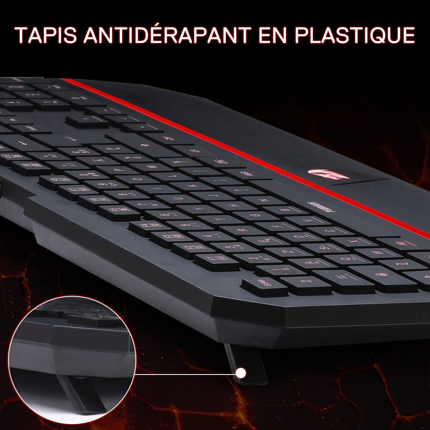 Gaming keyboard with a close-up of the anti-slip mat on a dark background