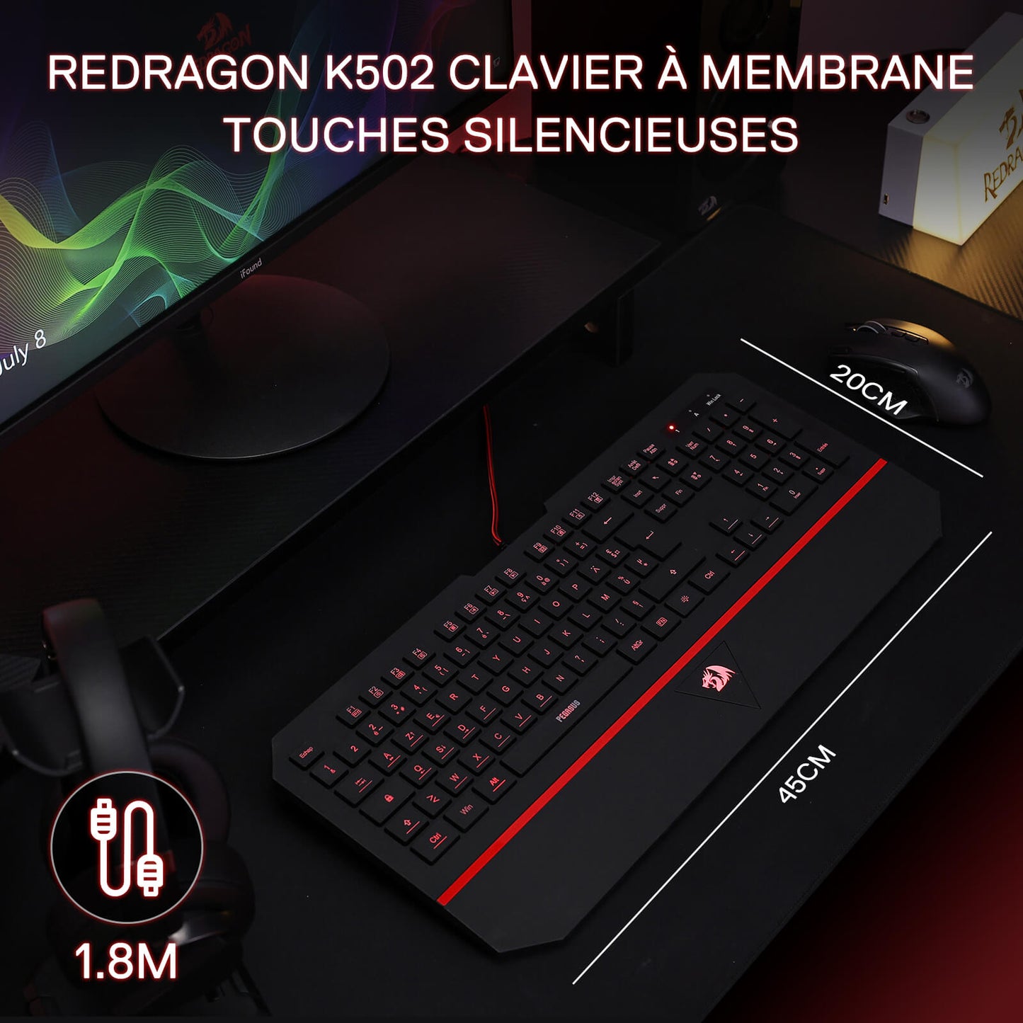 Redragon K502 keyboard on a desk with monitor and mouse, featuring product details.