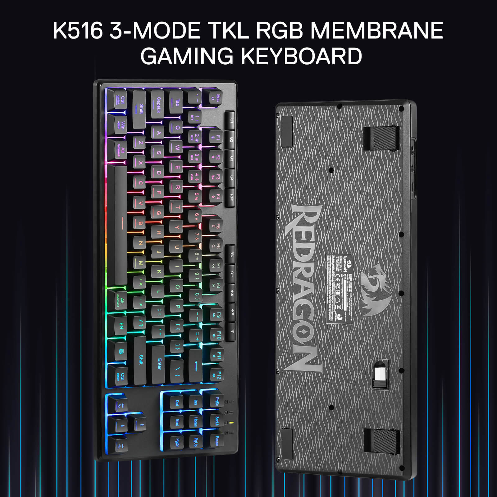 Redragon K516 PRO Shiva TKL RGB Wireless Membrane Gaming Keyboard, 87 Keys Mechanical-Feel Keyboard w/Smooth Linear Switch, On-Board Macro & Multimedia Keys, 16.8M RGB Backlit, Software Supported