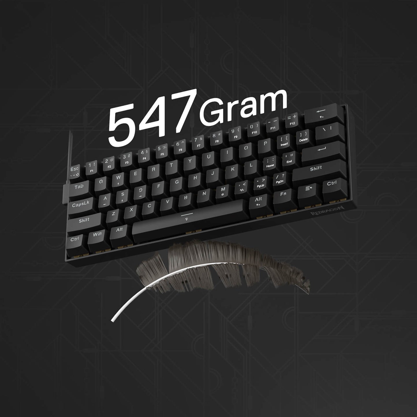 Black keyboard with '547 Gram' text on a dark background