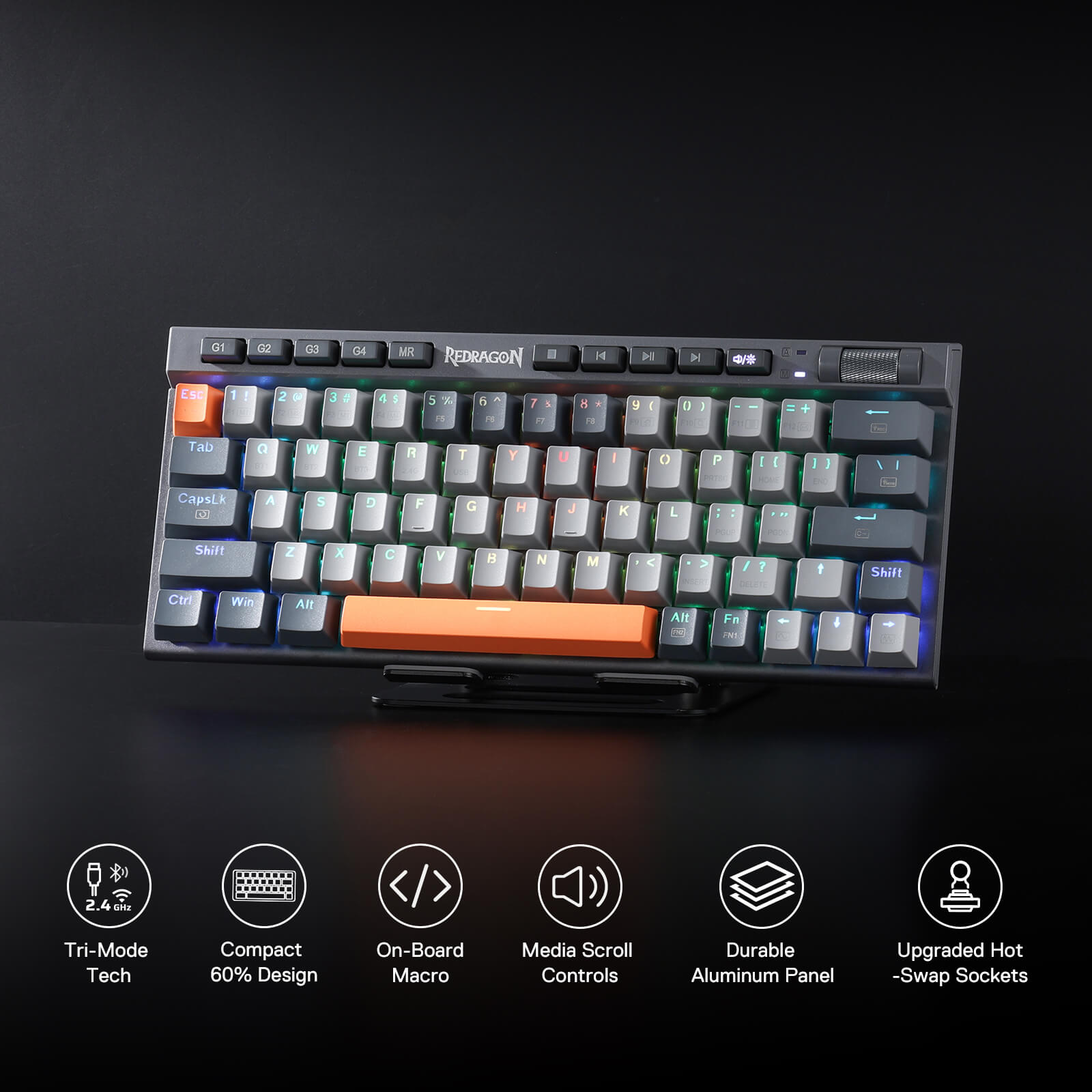 Redragon K634 65% RGB Wireless Gaming Keyboard, BT/2.4Ghz/Wired Tri-Mode, 63 Keys Hot-Swap Mechanical Keyboard w/Aluminum Cover Board, Dedicated Macro + Arrow Keys, Media Control & Linear Red Switch