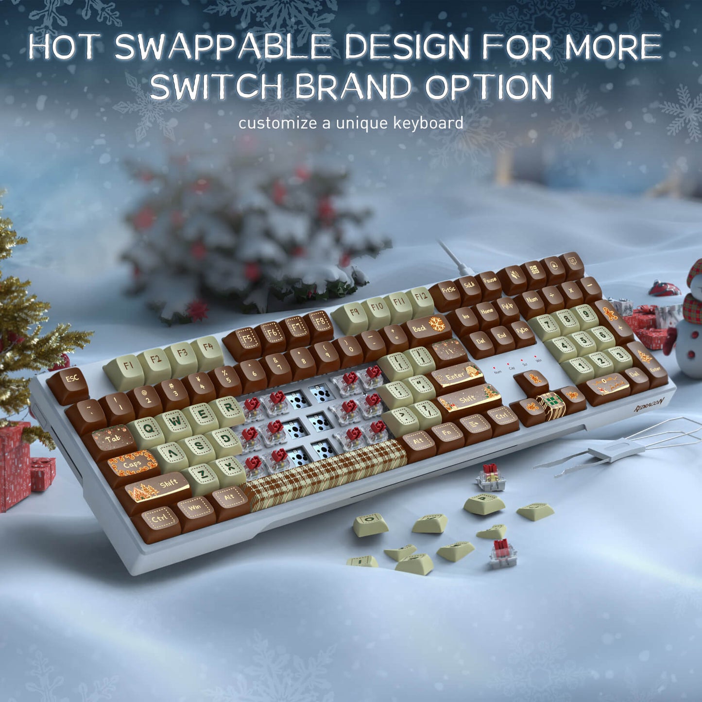 Redragon K668 Xmas Wired Gasket RGB Gaming Keyboard, 108 Keys Mechanical Keyboard w/Extra 4 Hotkeys, Upgraded Hot-swappable Socket, Sound Absorbing Foam, Christmas Gingerbread Man Themed Cute Keycaps