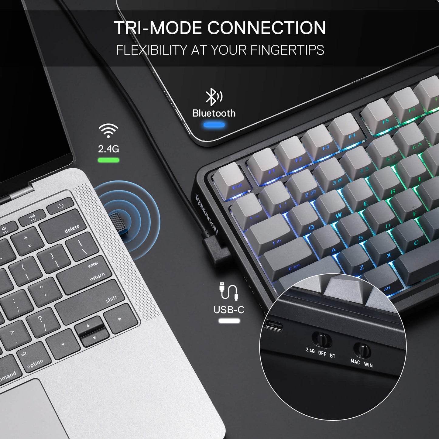 Redragon K686 PRO 98 Keys Wireless Gasket RGB Gaming Keyboard, 3-Mode PBT Mechanical Keyboard w/Hot-Swap South-Facing RGB Socket, Dedicated Knob Control & 5-Layer Noise Dampening, Gradient PBT Keycaps