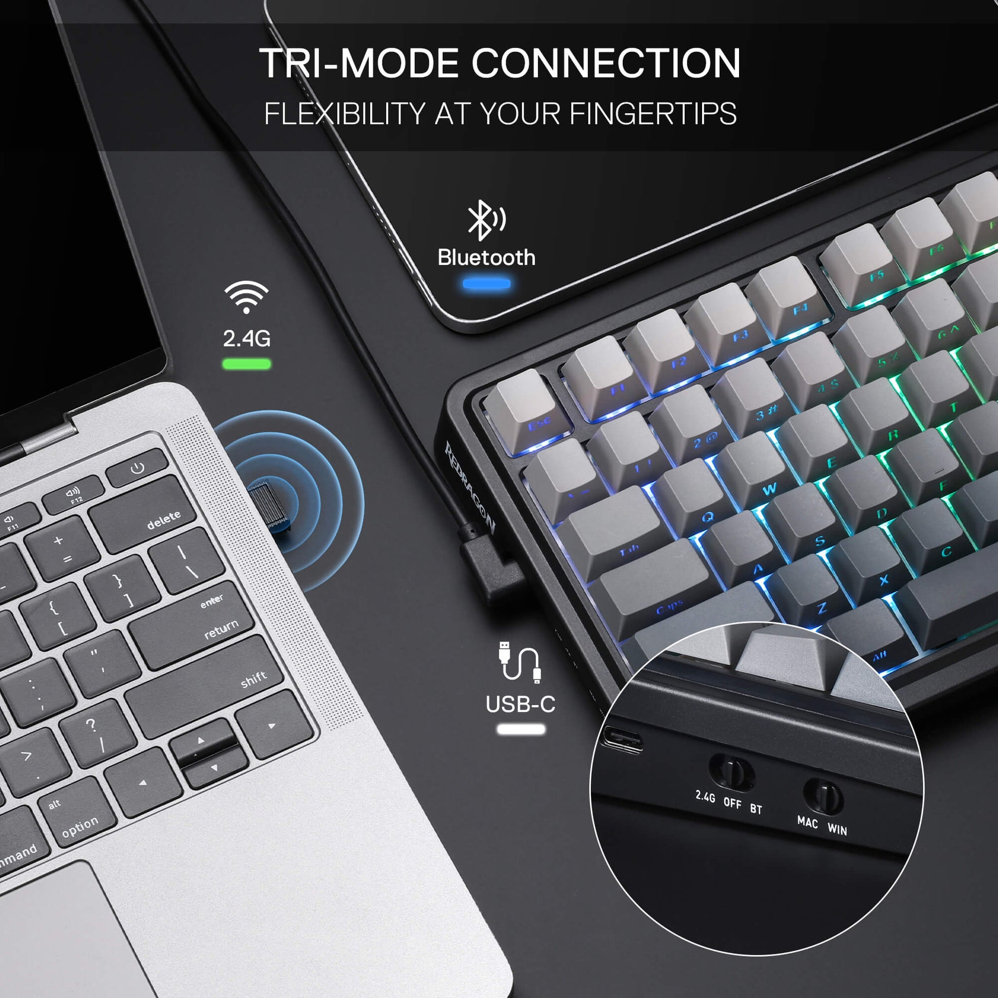 Redragon K686 PRO 98 Keys Wireless Gasket RGB Gaming Keyboard, 3-Mode PBT Mechanical Keyboard w/Hot-Swap South-Facing RGB Socket, Dedicated Knob Control & 5-Layer Noise Dampening, Gradient PBT Keycaps