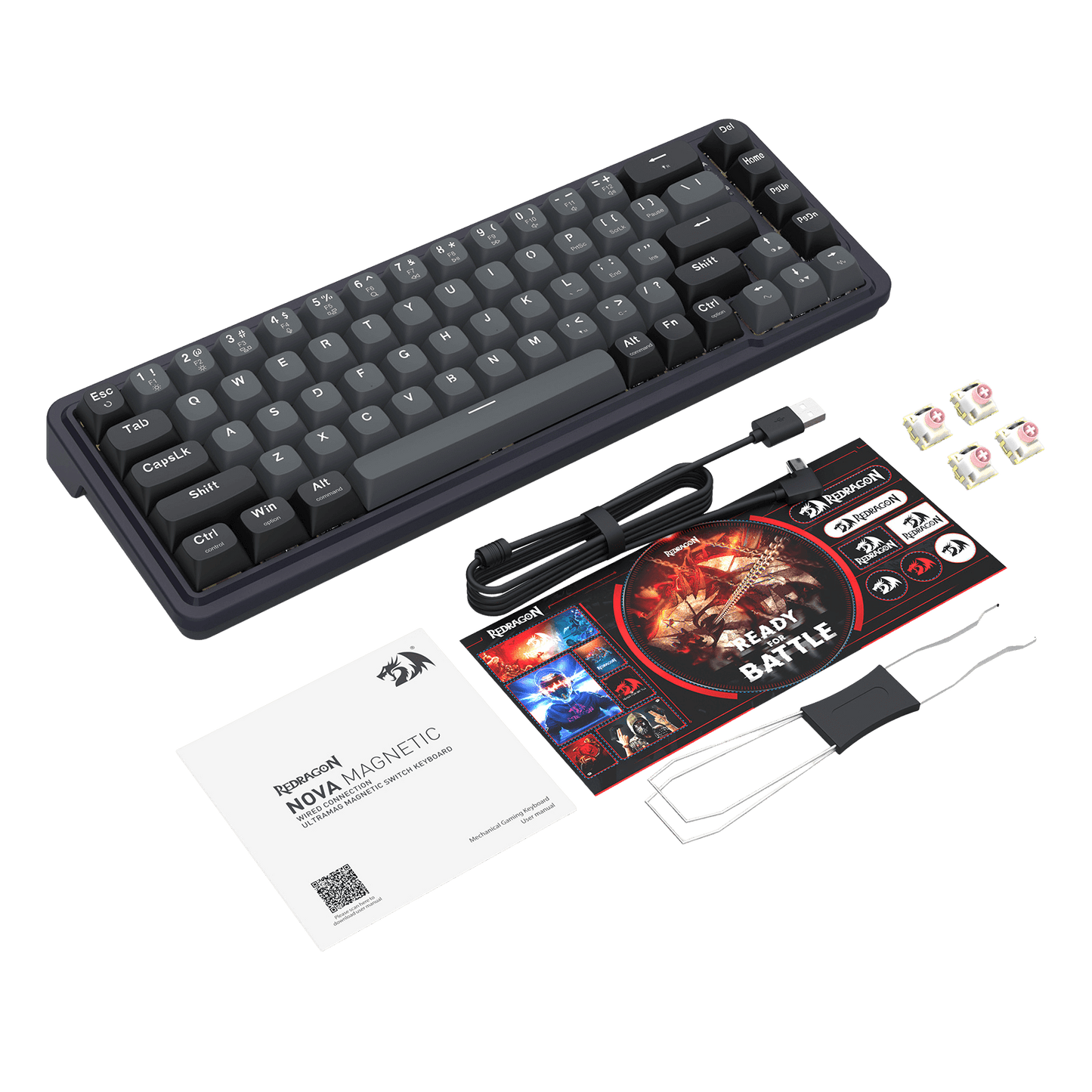 Mechanical keyboard with accessories including a mouse pad, business card, and dice on a black background