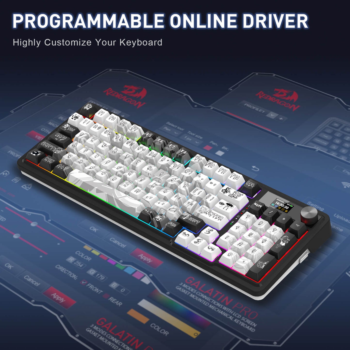 Mechanical keyboard with customizable features on a dark background