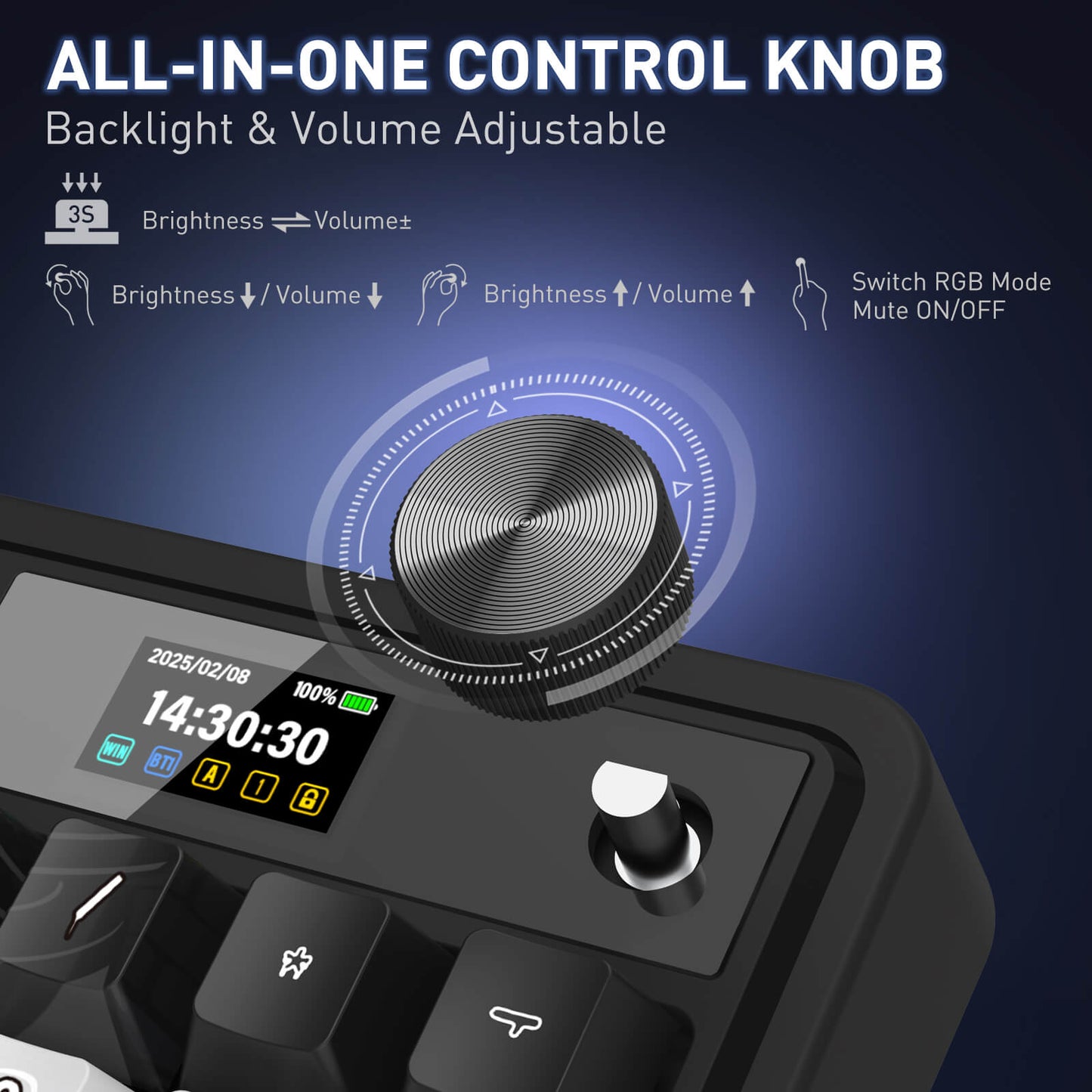 All-in-one control knob with backlight and volume adjustment features on a dark background