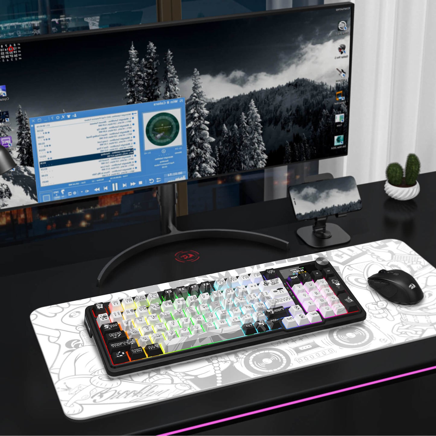 Gaming setup with keyboard, mouse, and monitor on a desk