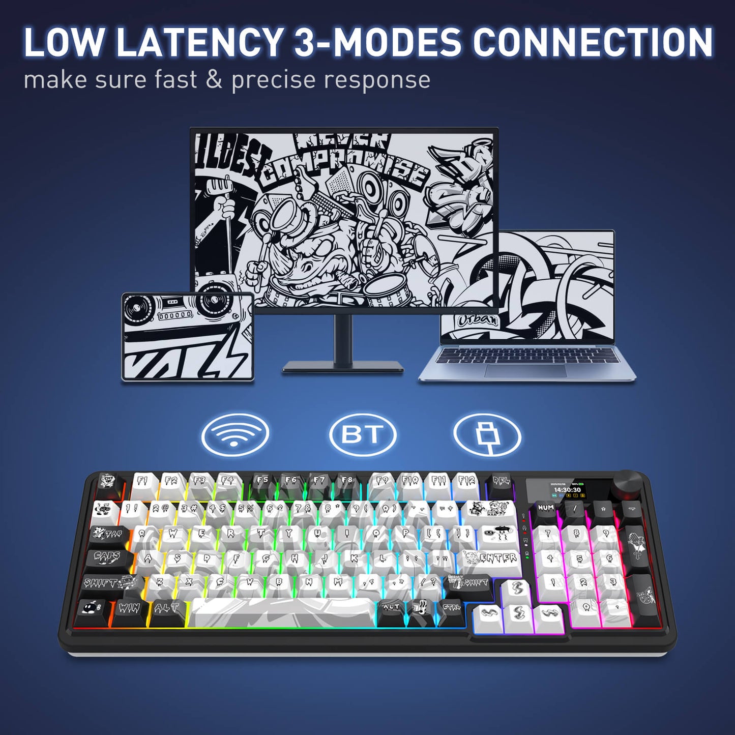 Gaming keyboard with monitor, laptop, and speakers on a blue background with text about low latency and connection modes.