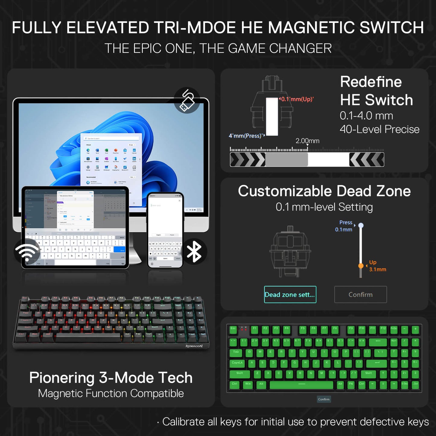 Redragon K736 PRO Rapid Trigger Wireless Gaming Keyboard, 90% 94 Keys 3-Mode HE Magnetic Mechanical Keyboard w/Hyper-Fast Actuation, Dedicated Magnetic Switch, Actuation Point Adjustable